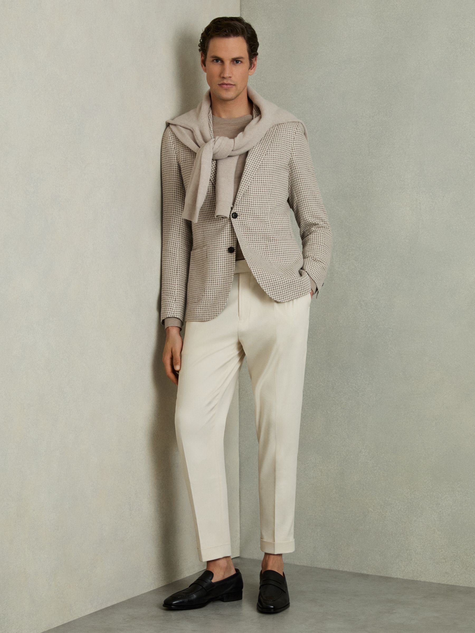 Single-Breasted Dogtooth-Check Cotton-Linen Blazer in Grey/White - Image 7 of 8