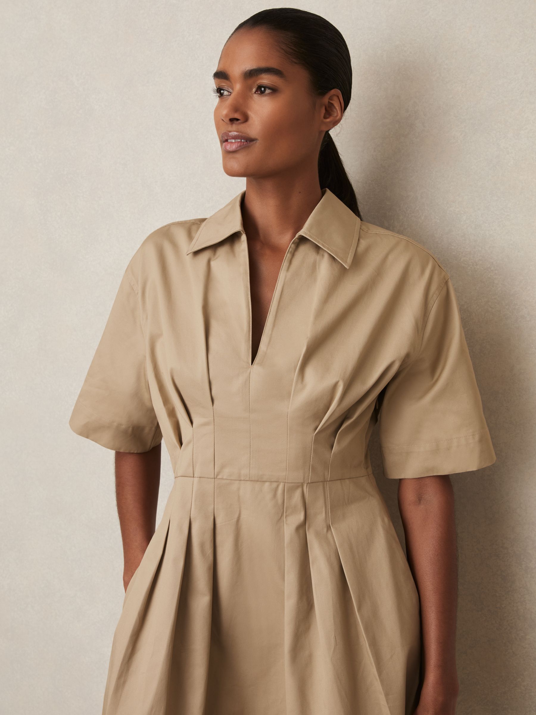 Cotton Pleated Shirt Dress in Neutral - image 4