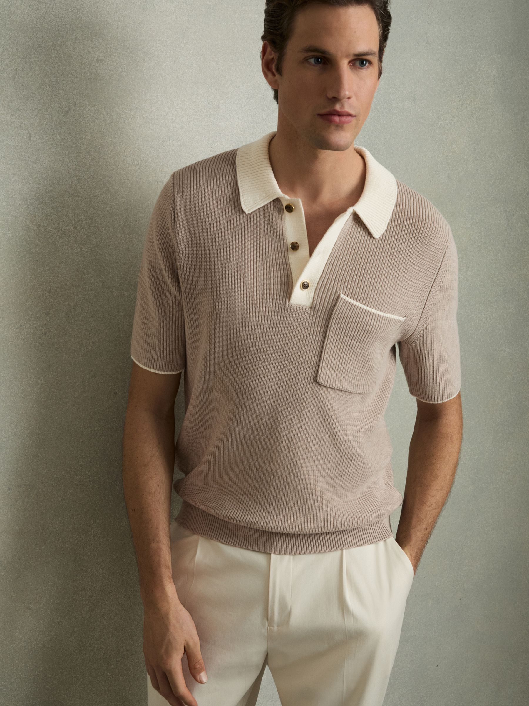 Cotton Polo Shirt with Buttons in Taupe Brown/Off White - Image 1 of 5