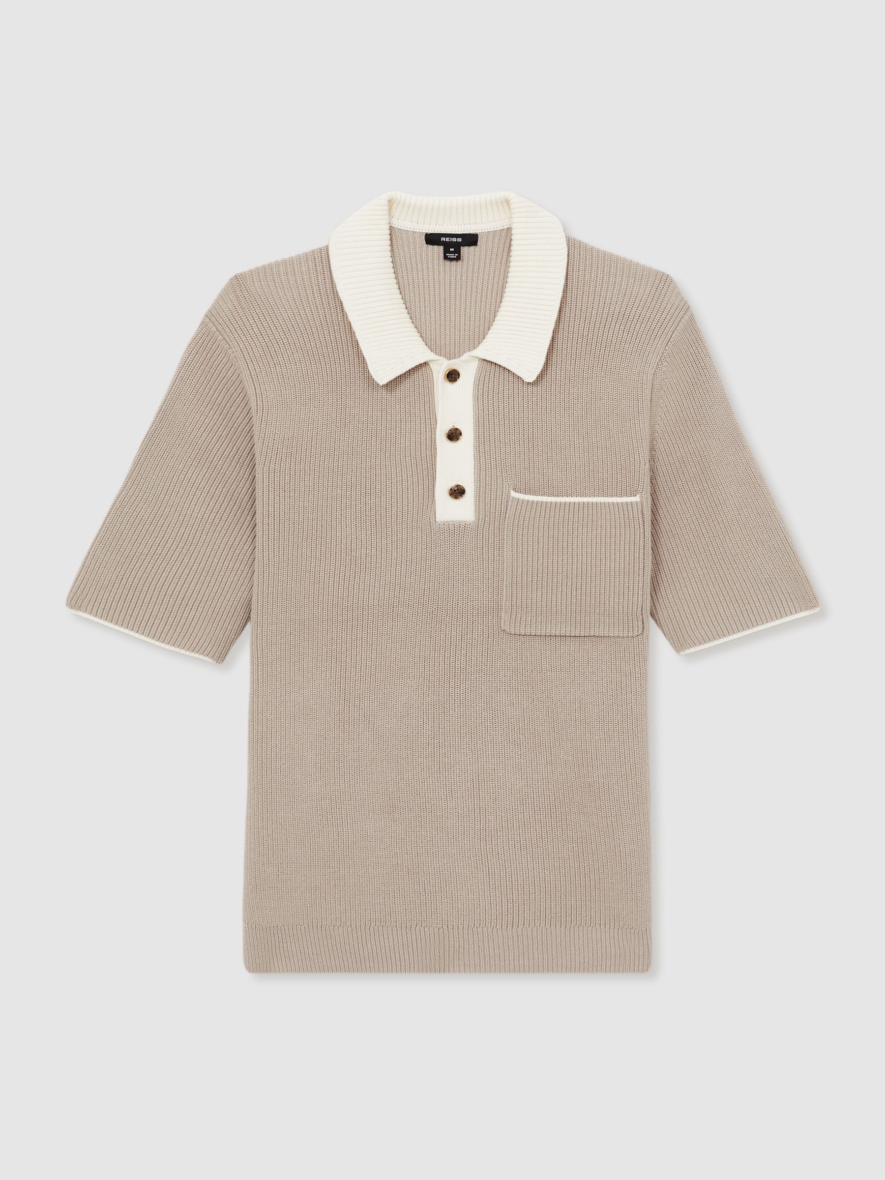 Cotton Polo Shirt with Buttons in Taupe Brown/Off White - Image 2 of 5