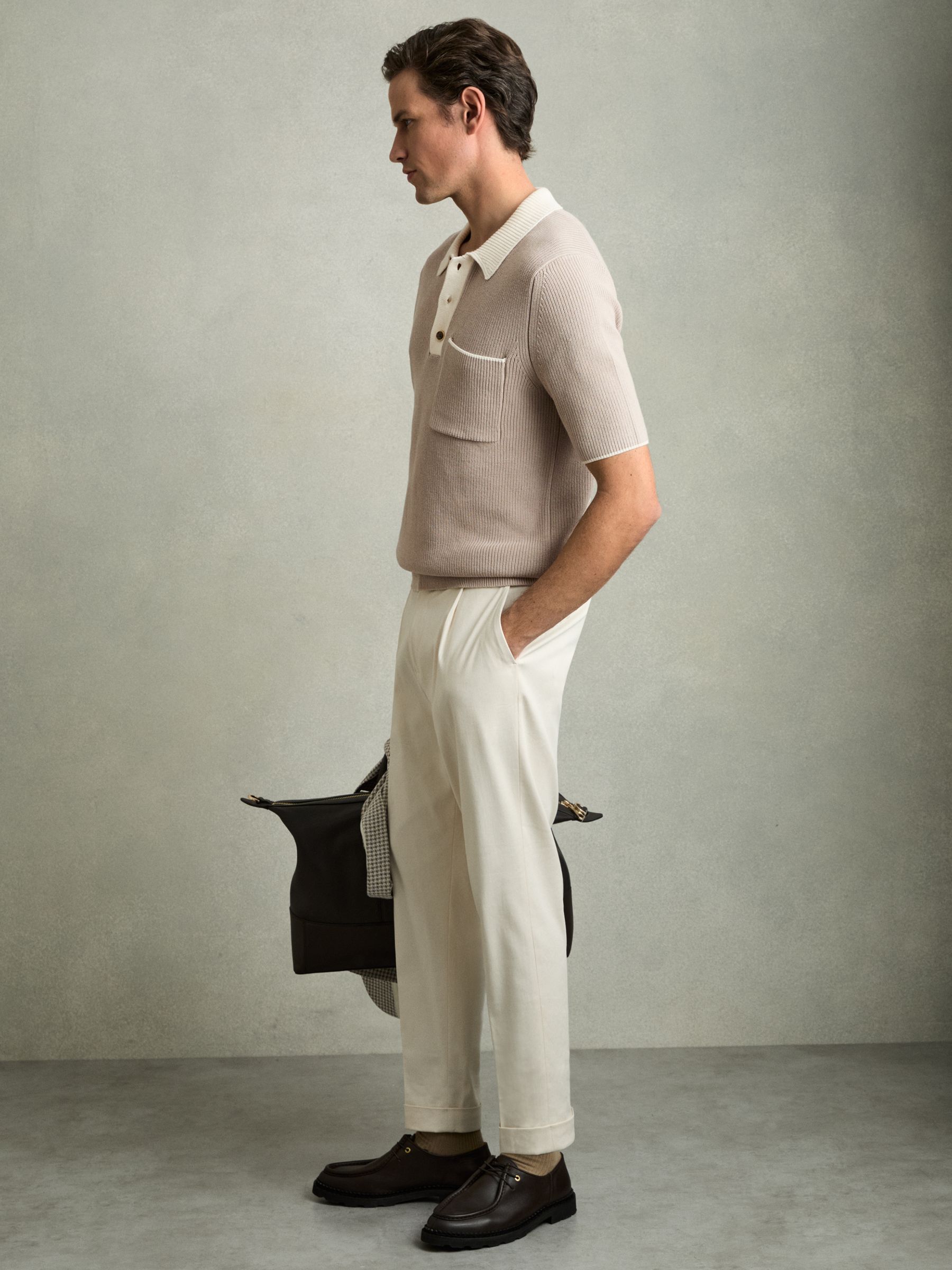 Cotton Polo Shirt with Buttons in Taupe Brown/Off White - Image 3 of 5
