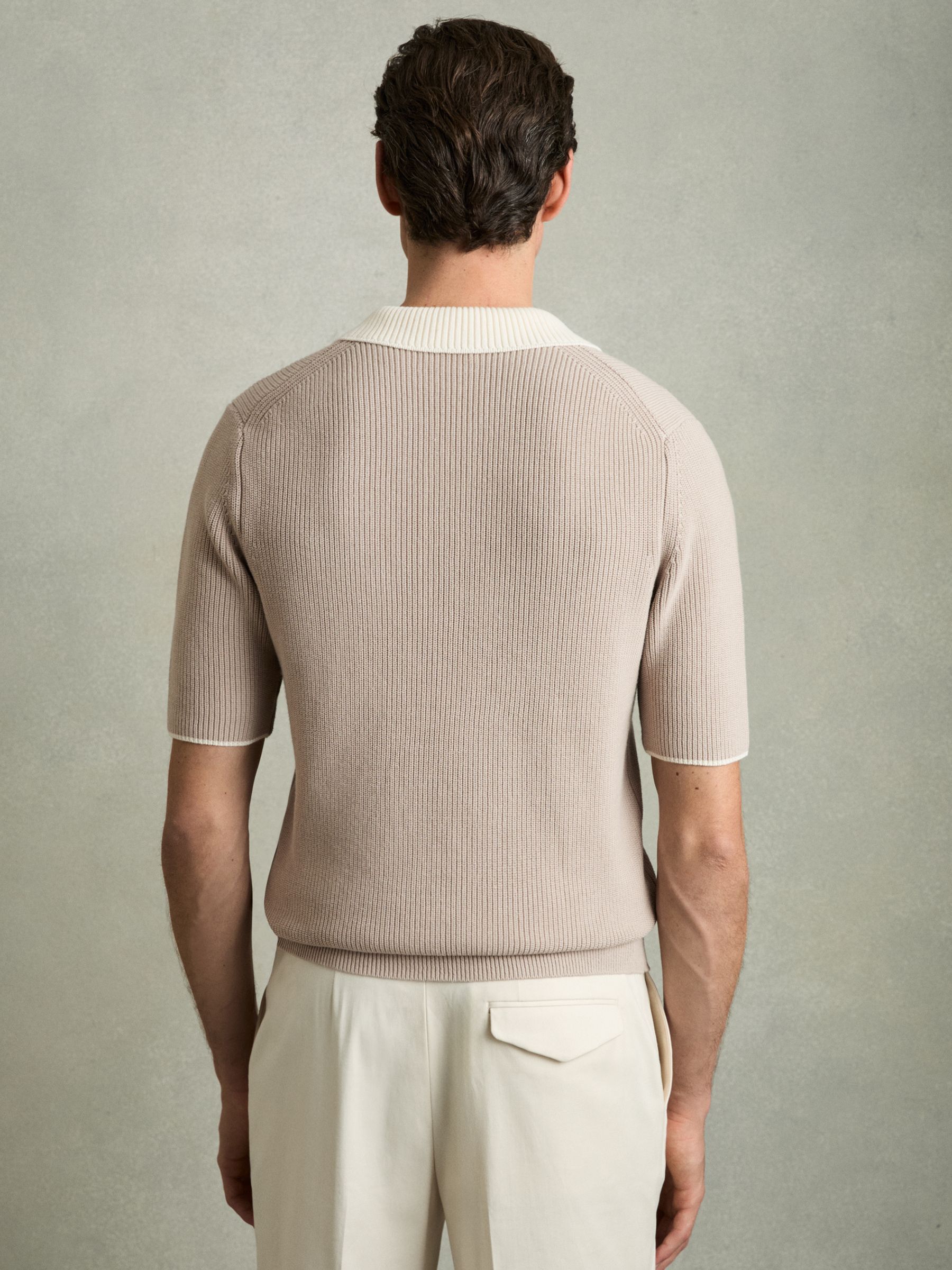 Cotton Polo Shirt with Buttons in Taupe Brown/Off White - Image 4 of 5