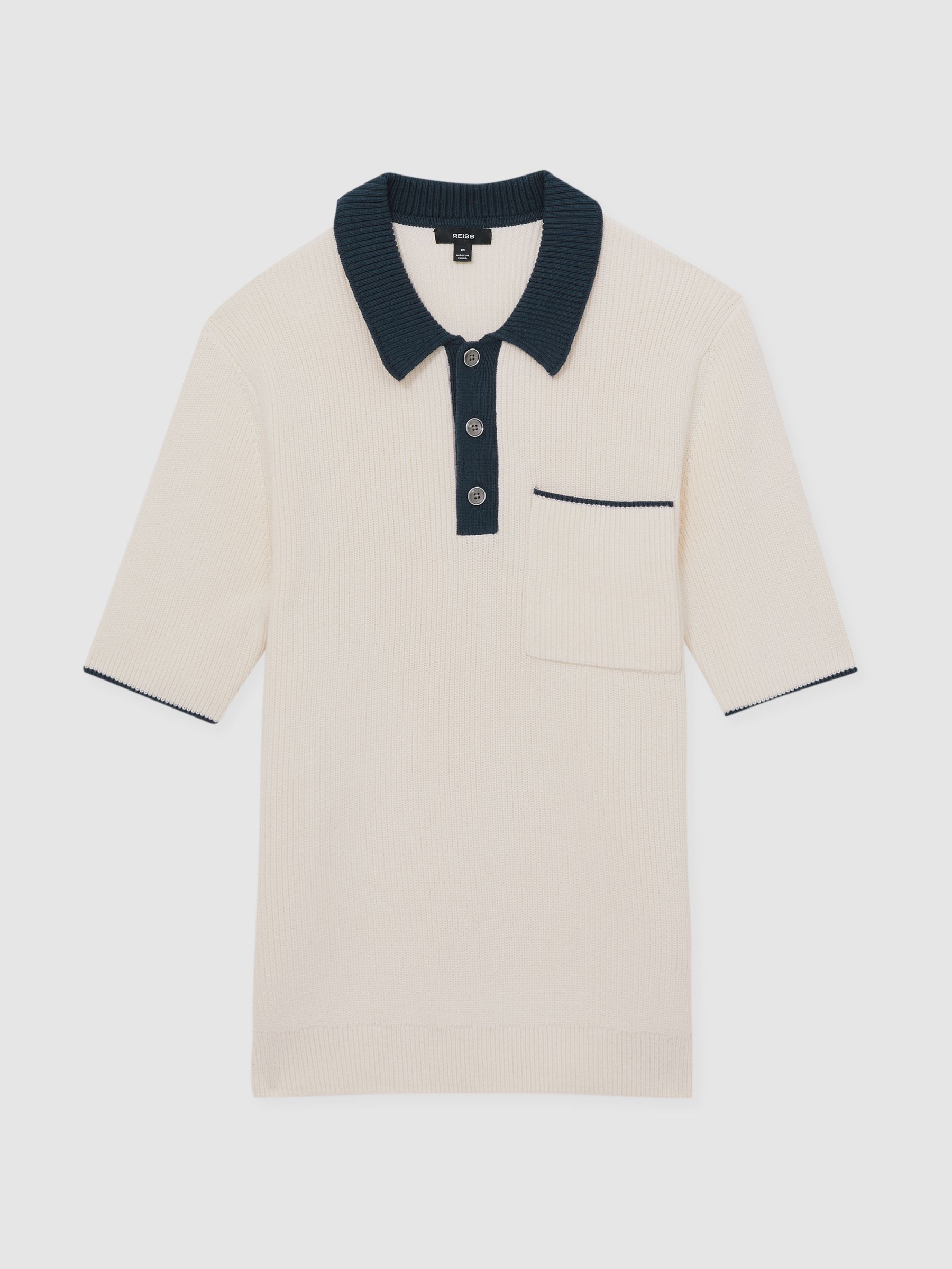 Cotton Polo Shirt with Buttons in Off White/Navy - Image 2 of 5