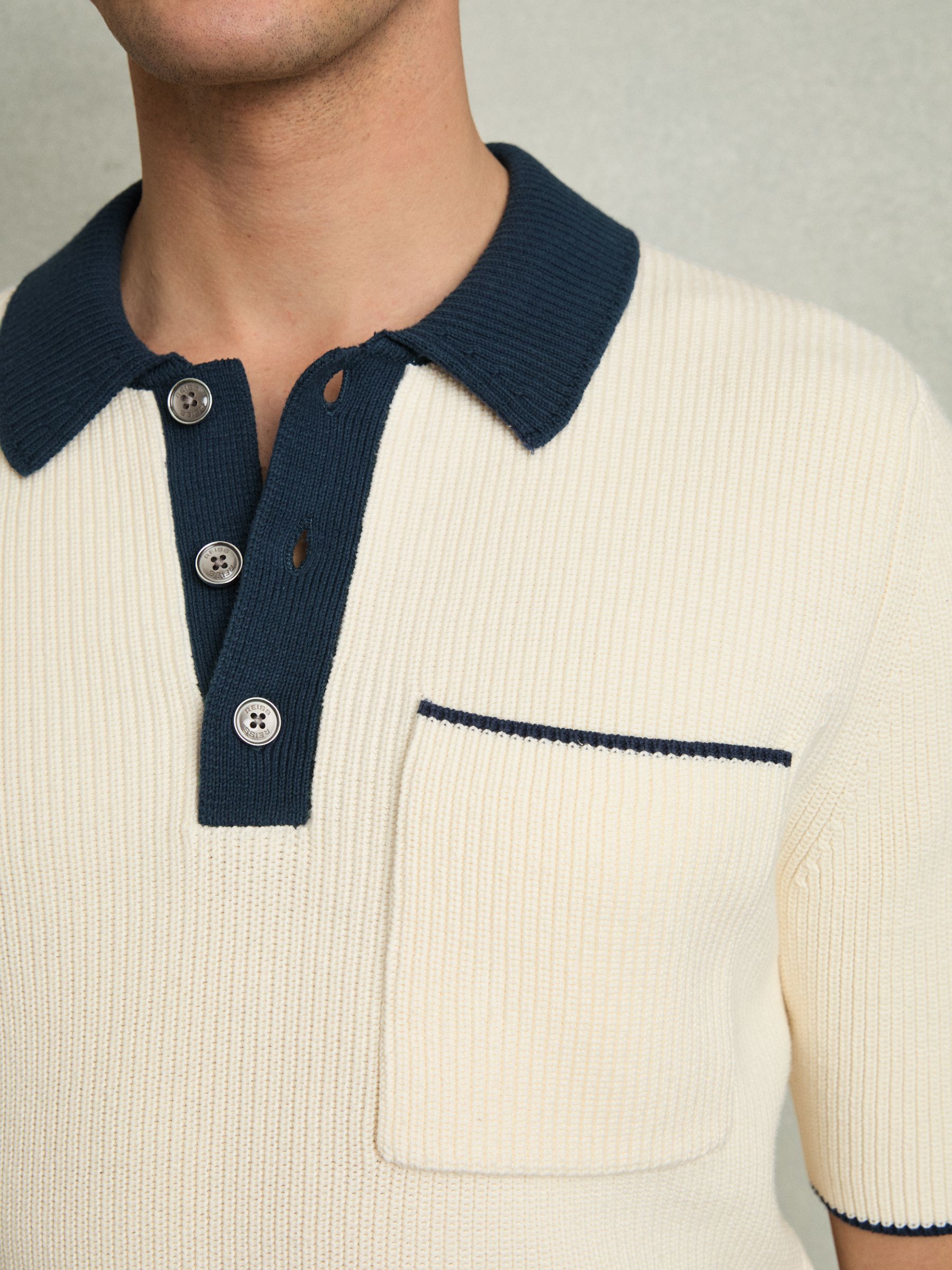 Cotton Polo Shirt with Buttons in Off White/Navy - Image 3 of 5