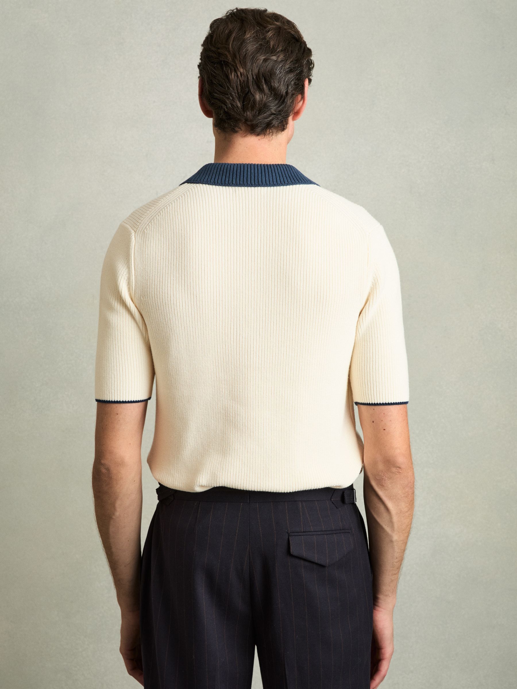 Cotton Polo Shirt with Buttons in Off White/Navy - Image 4 of 5