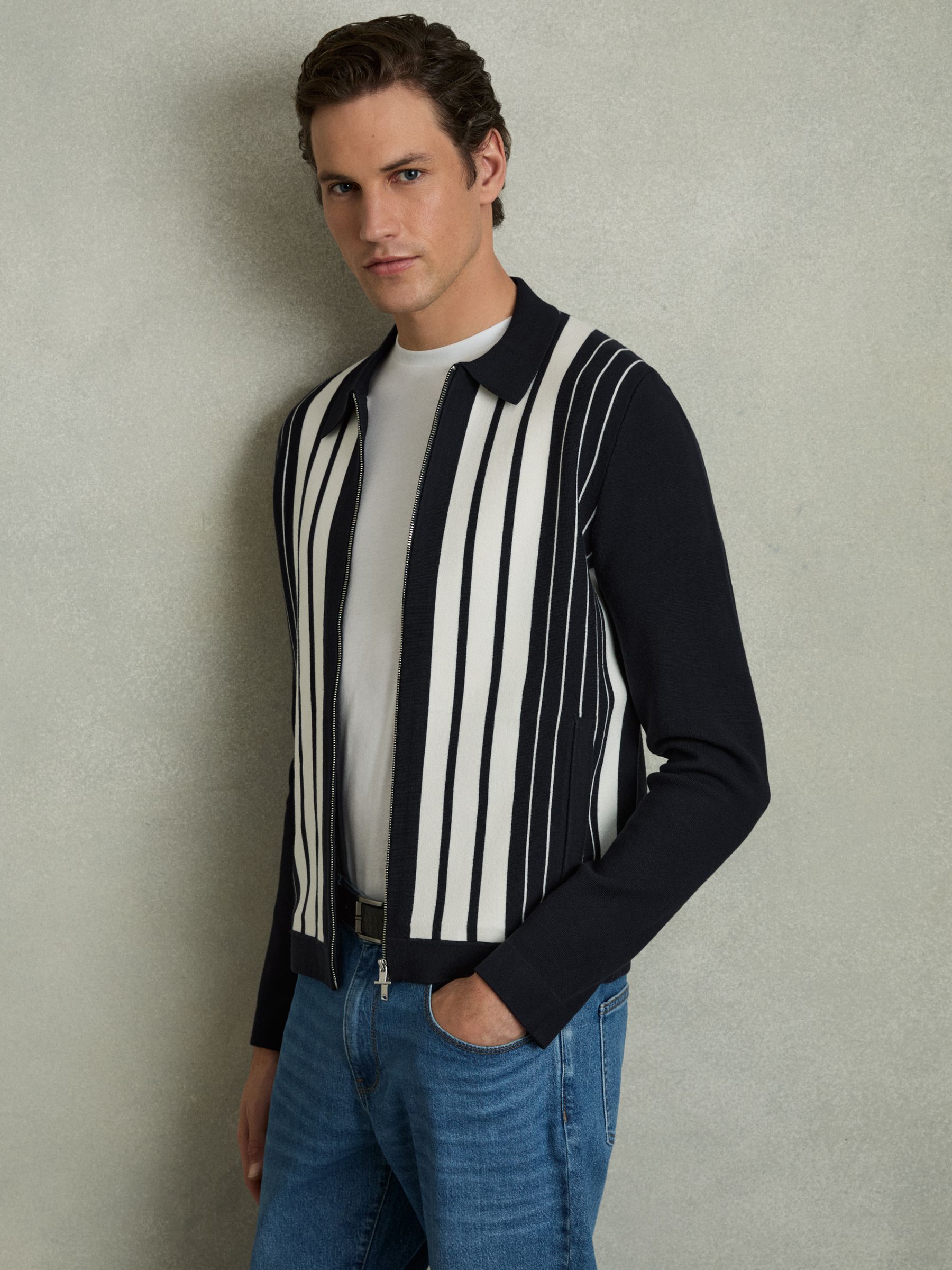 Striped Zip Through Knitted Jacket in Navy/White - Image 1 of 7