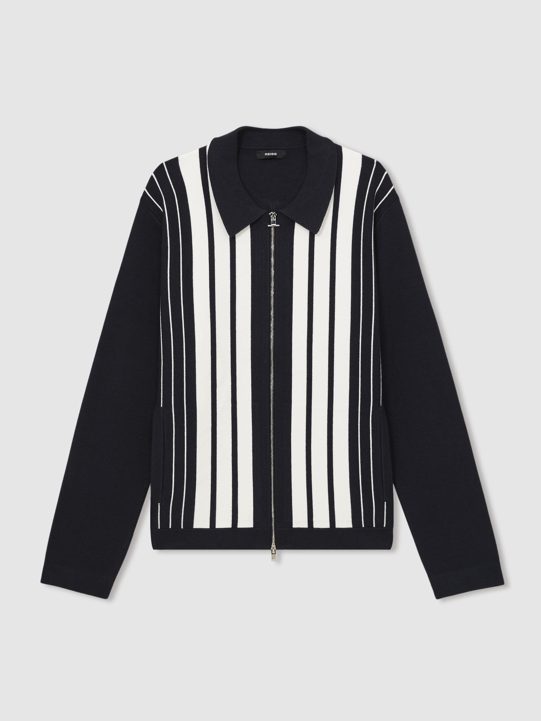 Striped Zip Through Knitted Jacket in Navy/White - Image 2 of 7