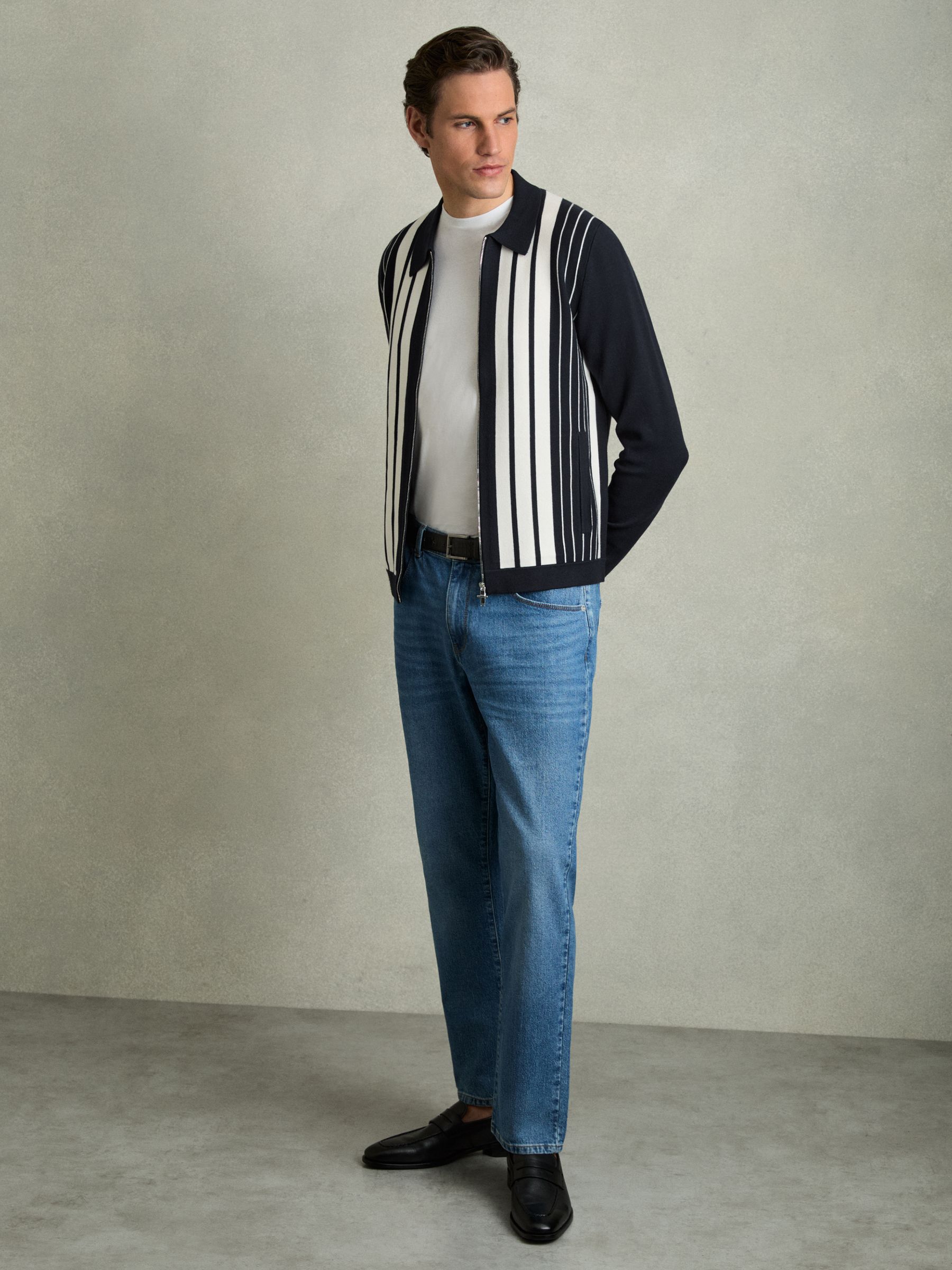 Striped Zip Through Knitted Jacket in Navy/White - Image 3 of 7