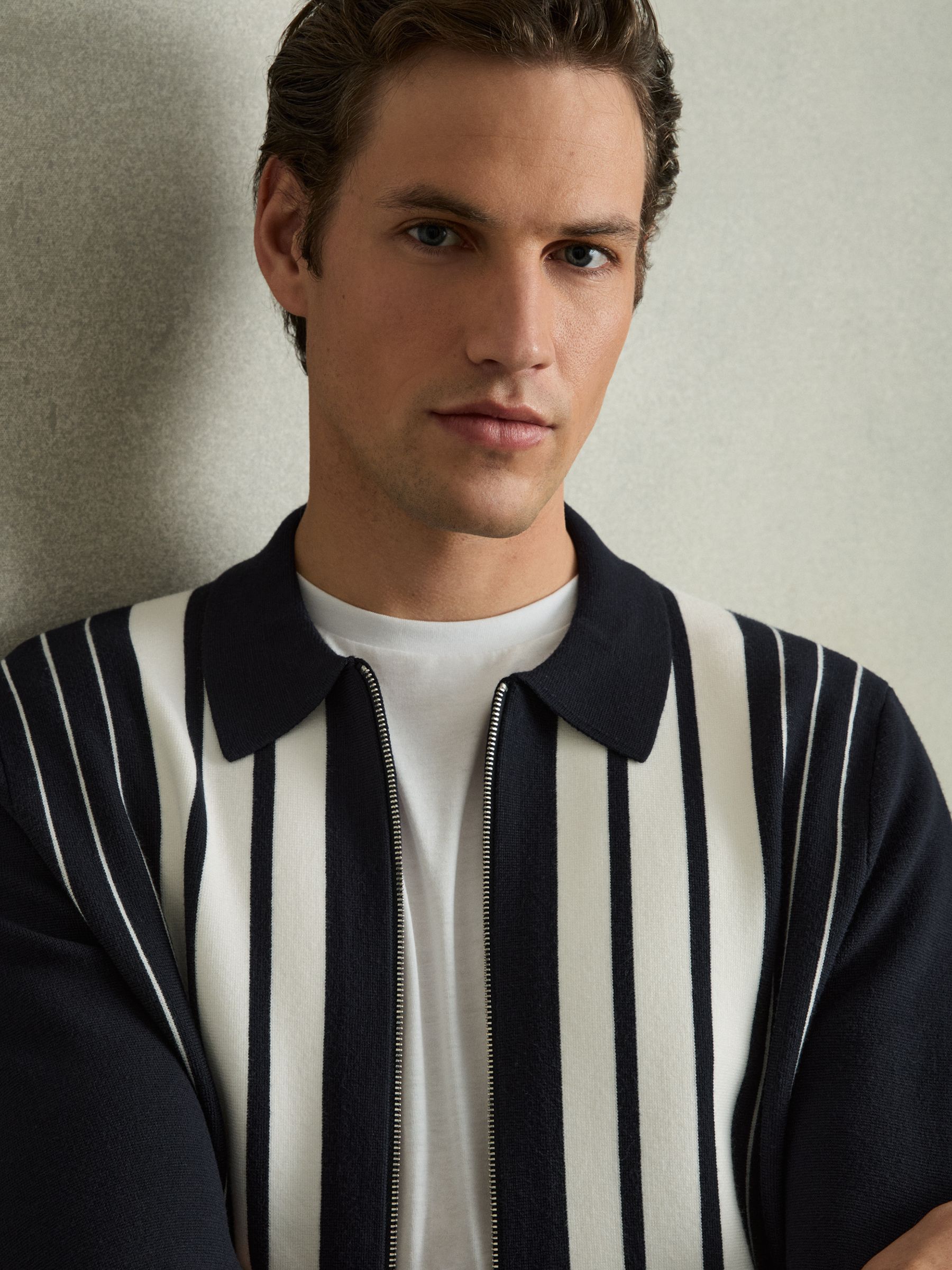 Striped Zip Through Knitted Jacket in Navy/White - Image 4 of 7
