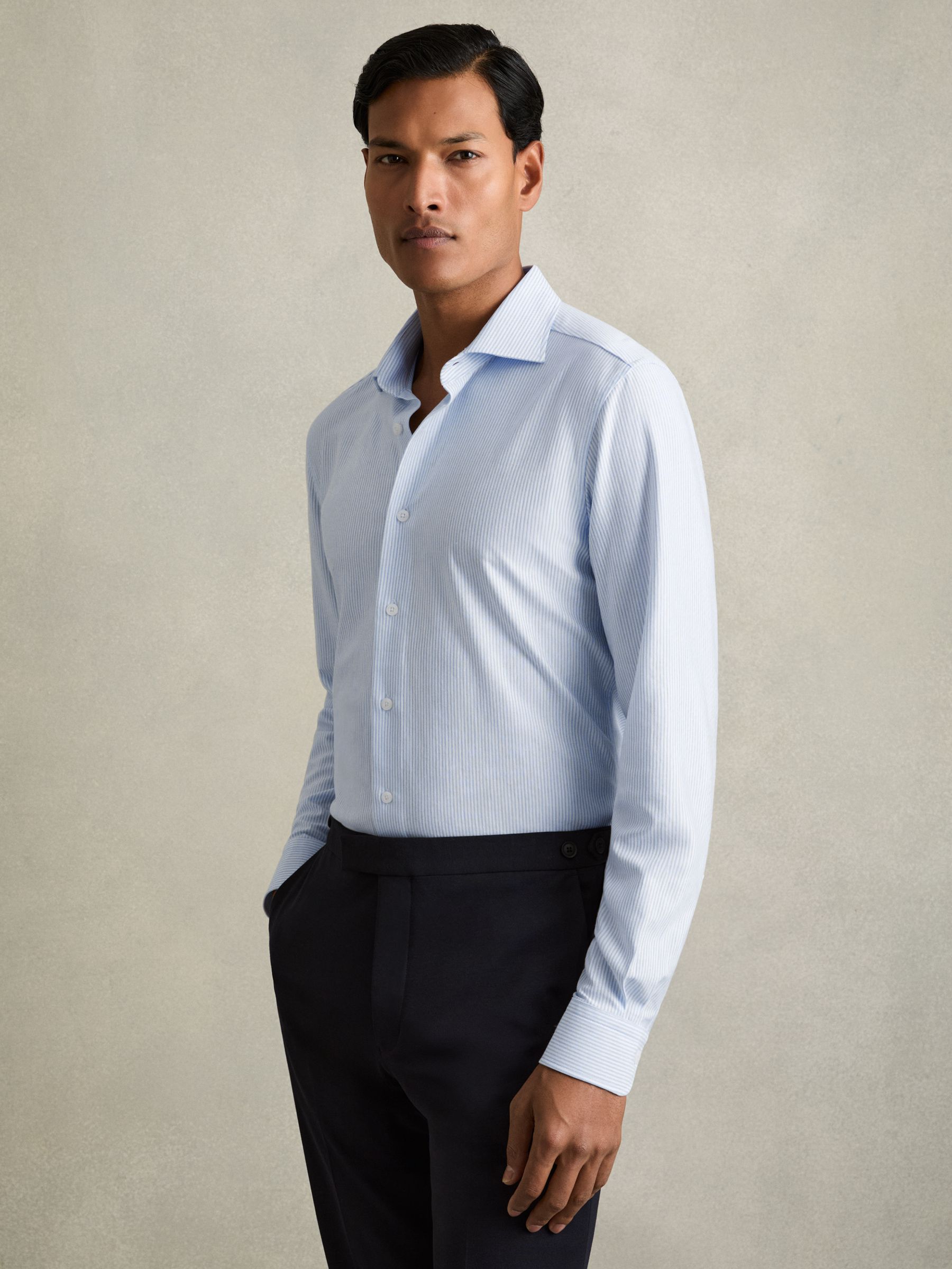 Cotton-Blend Cutaway-Collar Striped Shirt in Blue Stripe - Image 3 of 6