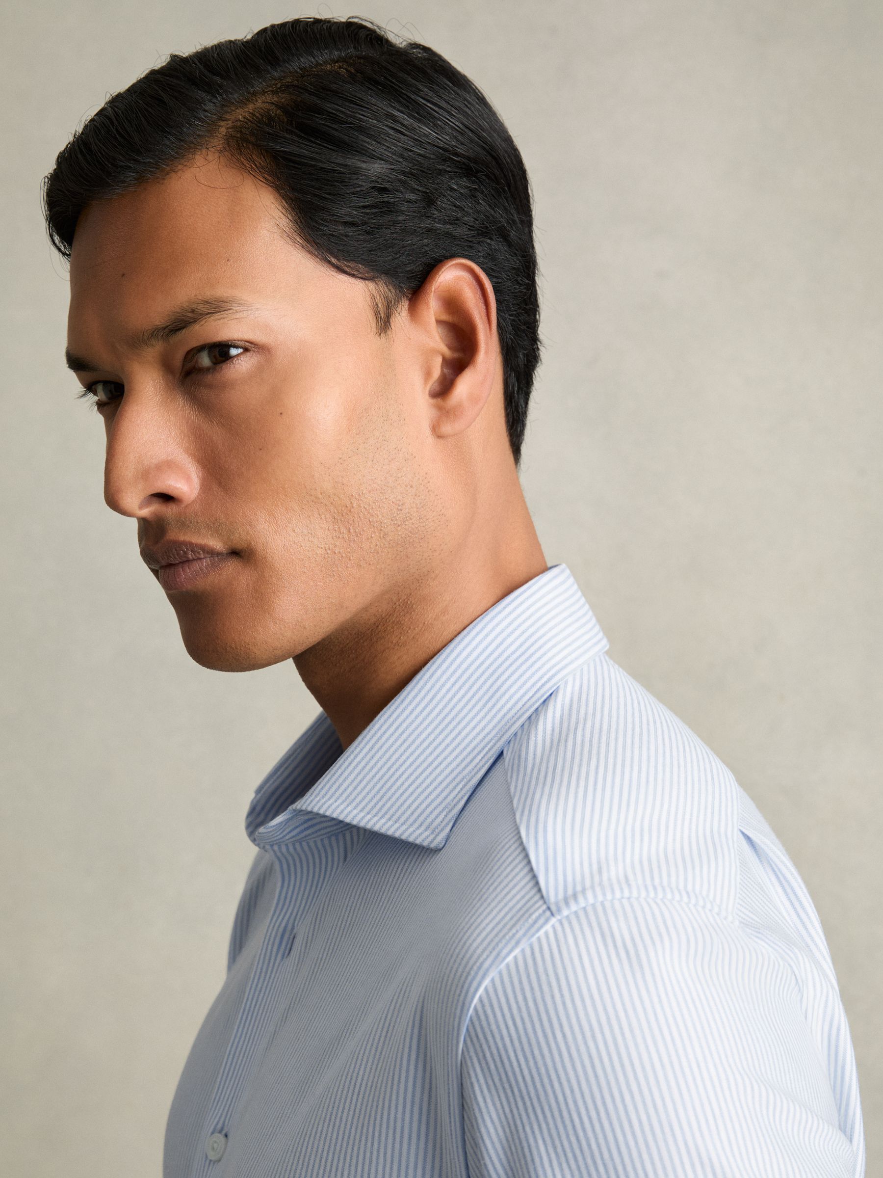Cotton-Blend Cutaway-Collar Striped Shirt in Blue Stripe - image 4