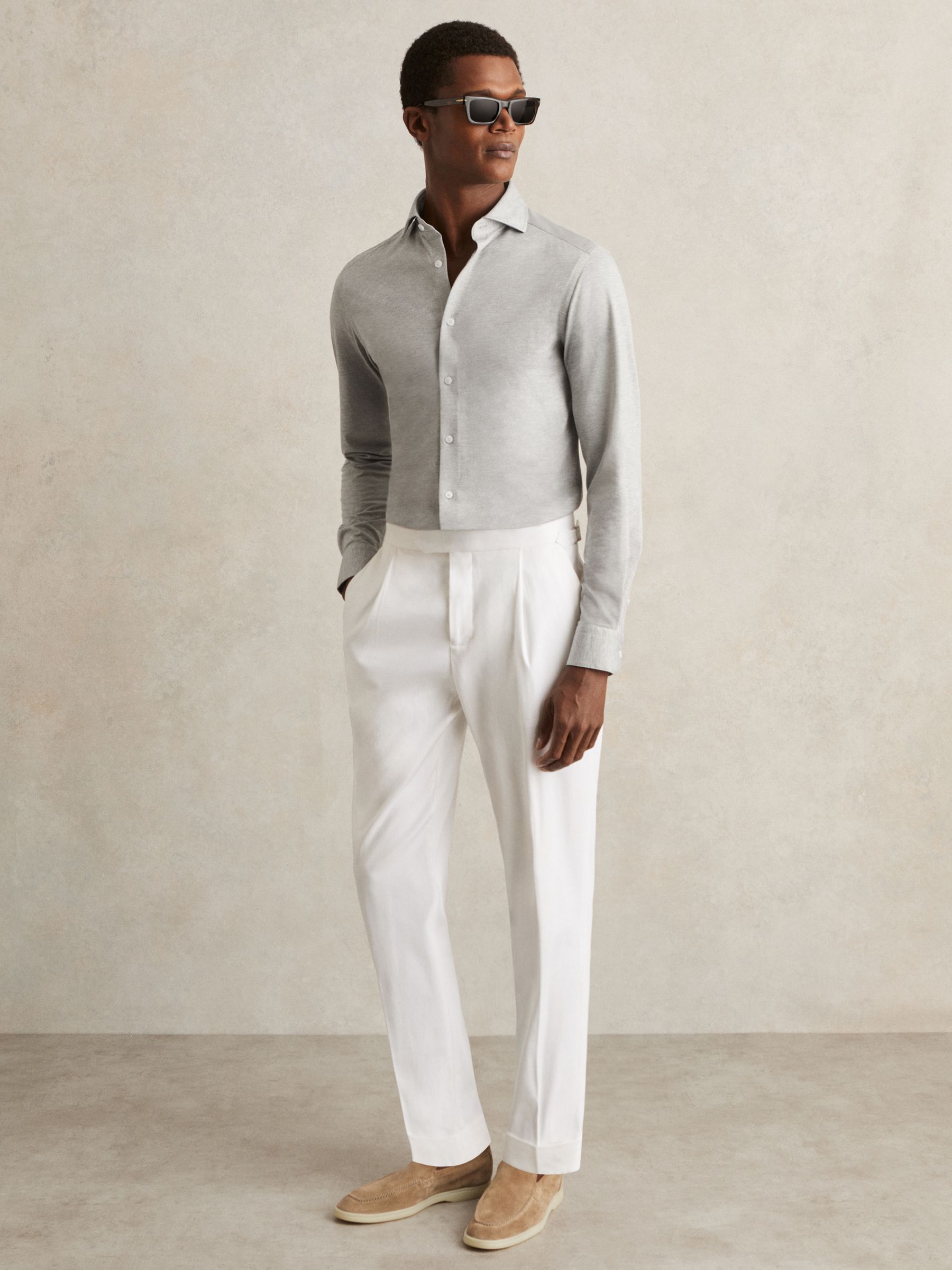 Cotton-Blend Jersey Cutaway-Collar Shirt in Grey Melange - Image 1 of 8