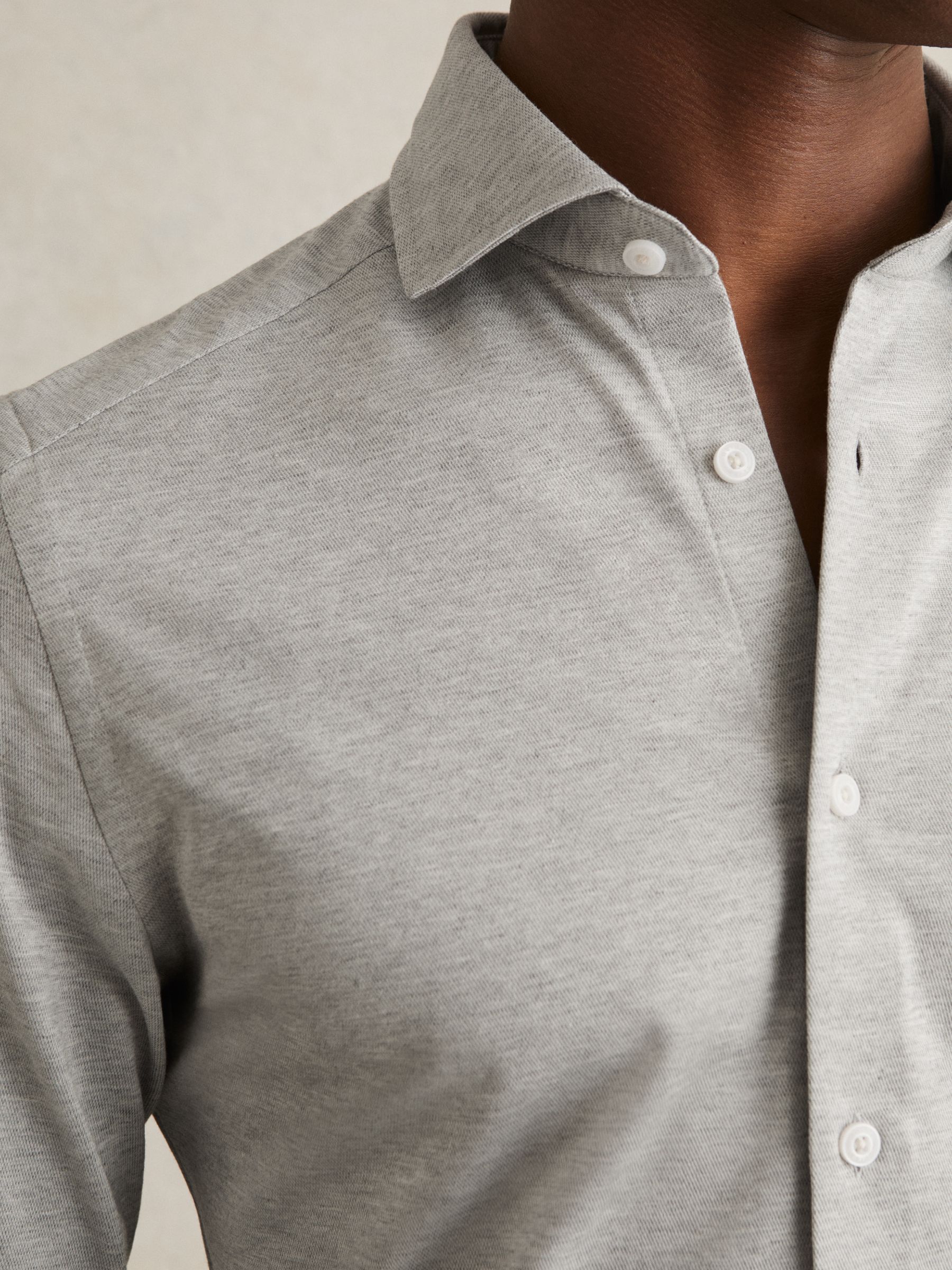 Cotton-Blend Jersey Cutaway-Collar Shirt in Grey Melange - Image 3 of 8