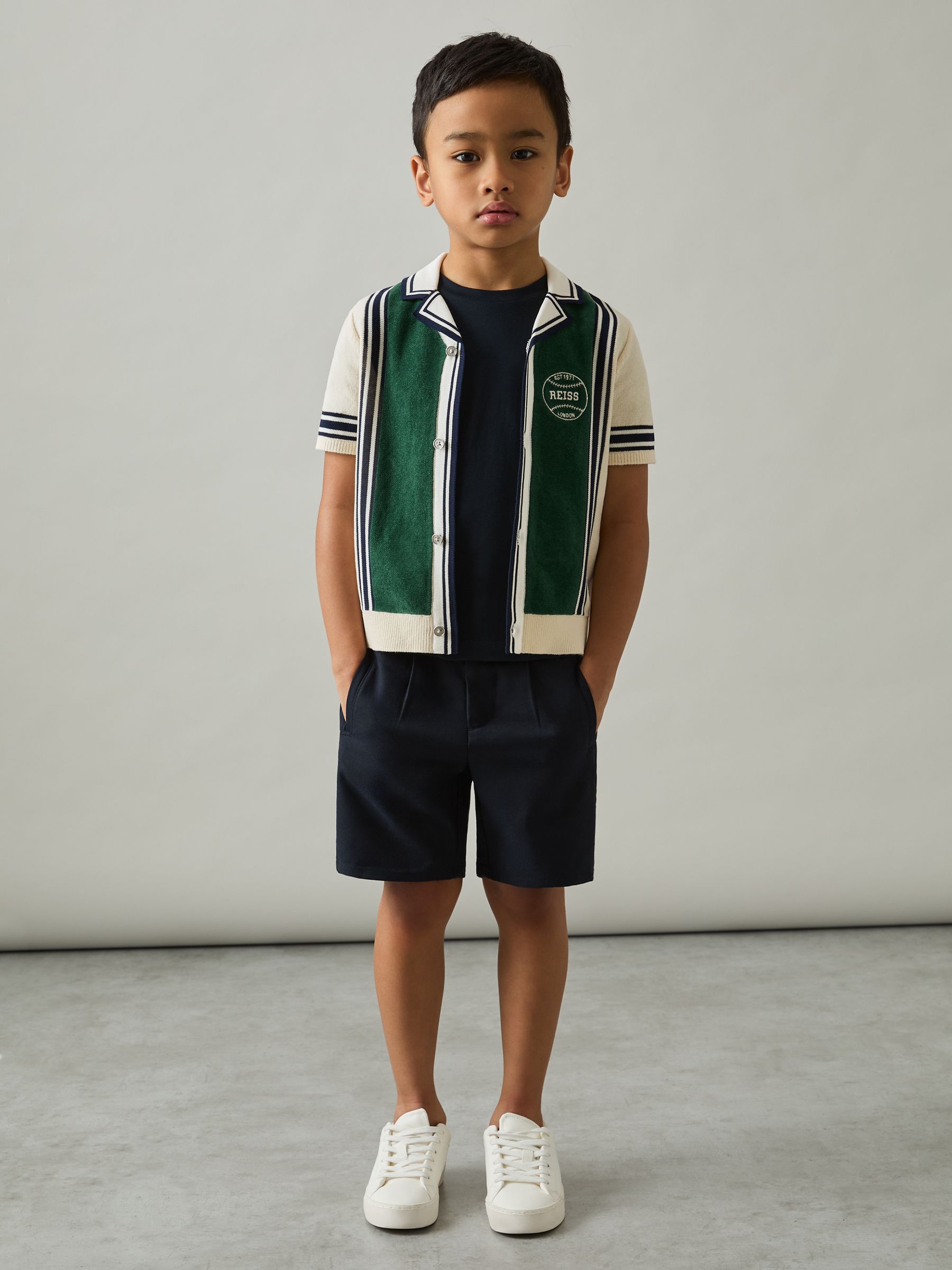 3-9 yrs Cotton Colour-Block Varsity Shirt in Green/Off White - Image 1 of 4