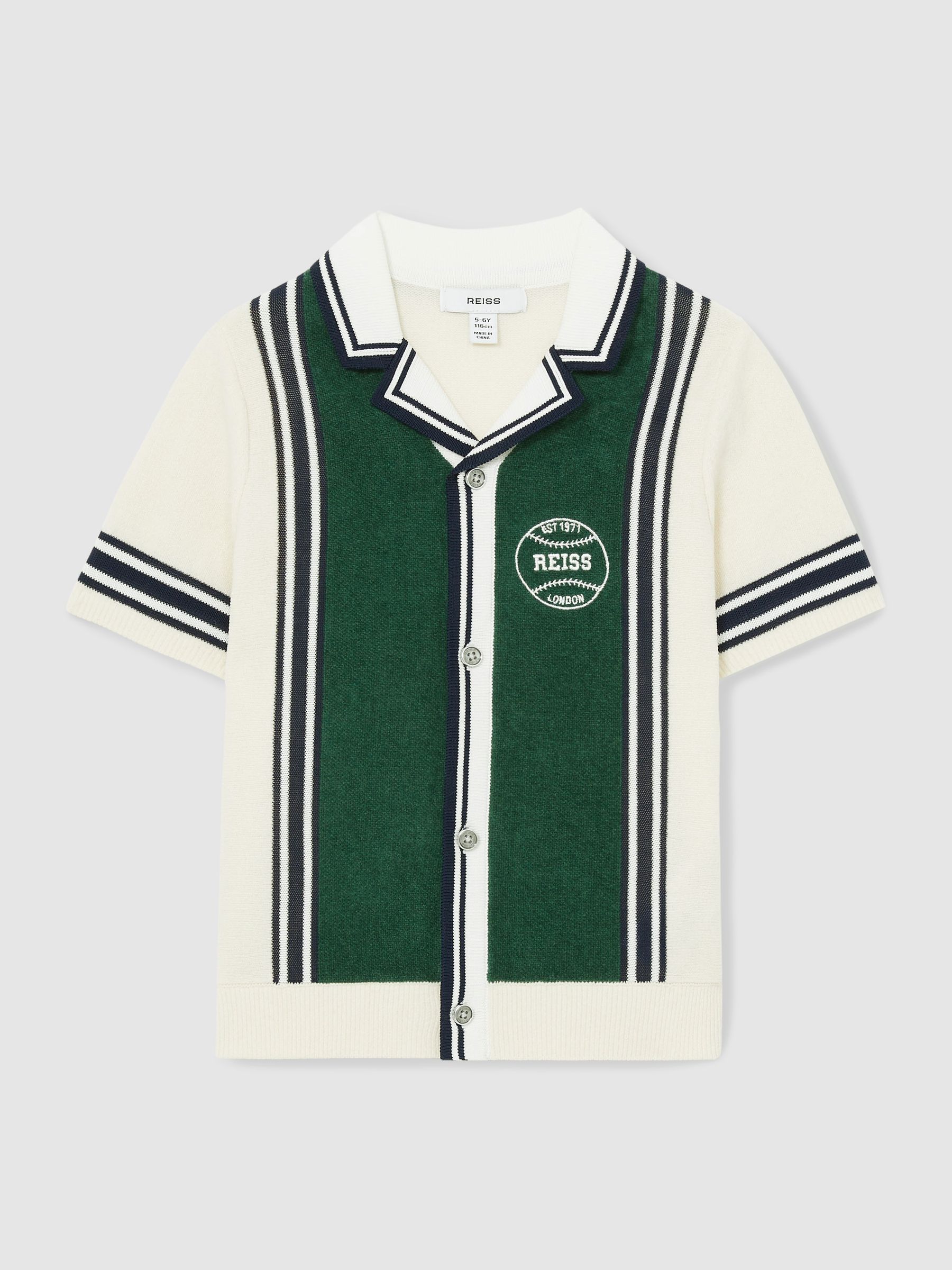 3-9 yrs Cotton Colour-Block Varsity Shirt in Green/Off White - Image 2 of 4
