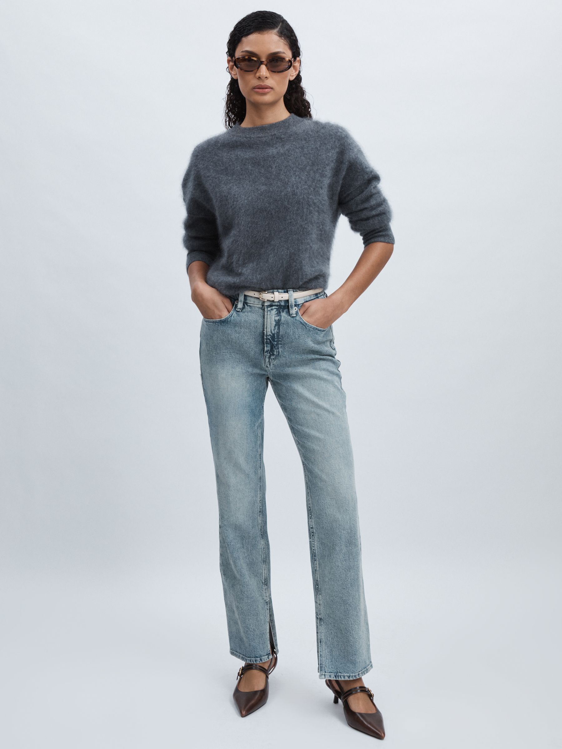 Good American Straight-Leg Slit-Hem Jeans in Light Indigo - Image 1 of 7