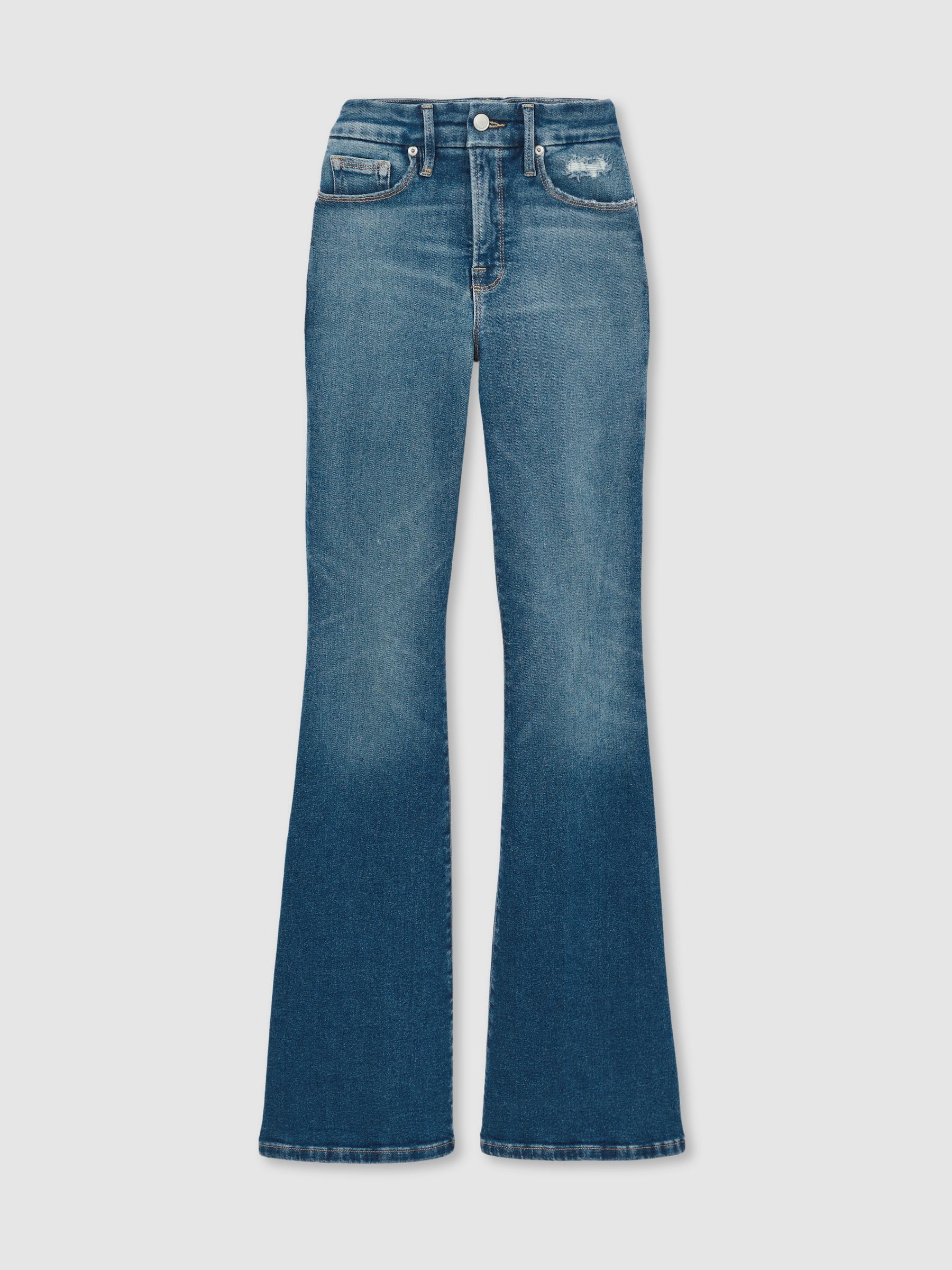 Good American Flared Distressed Jeans in Dark Indigo - Image 2 of 6