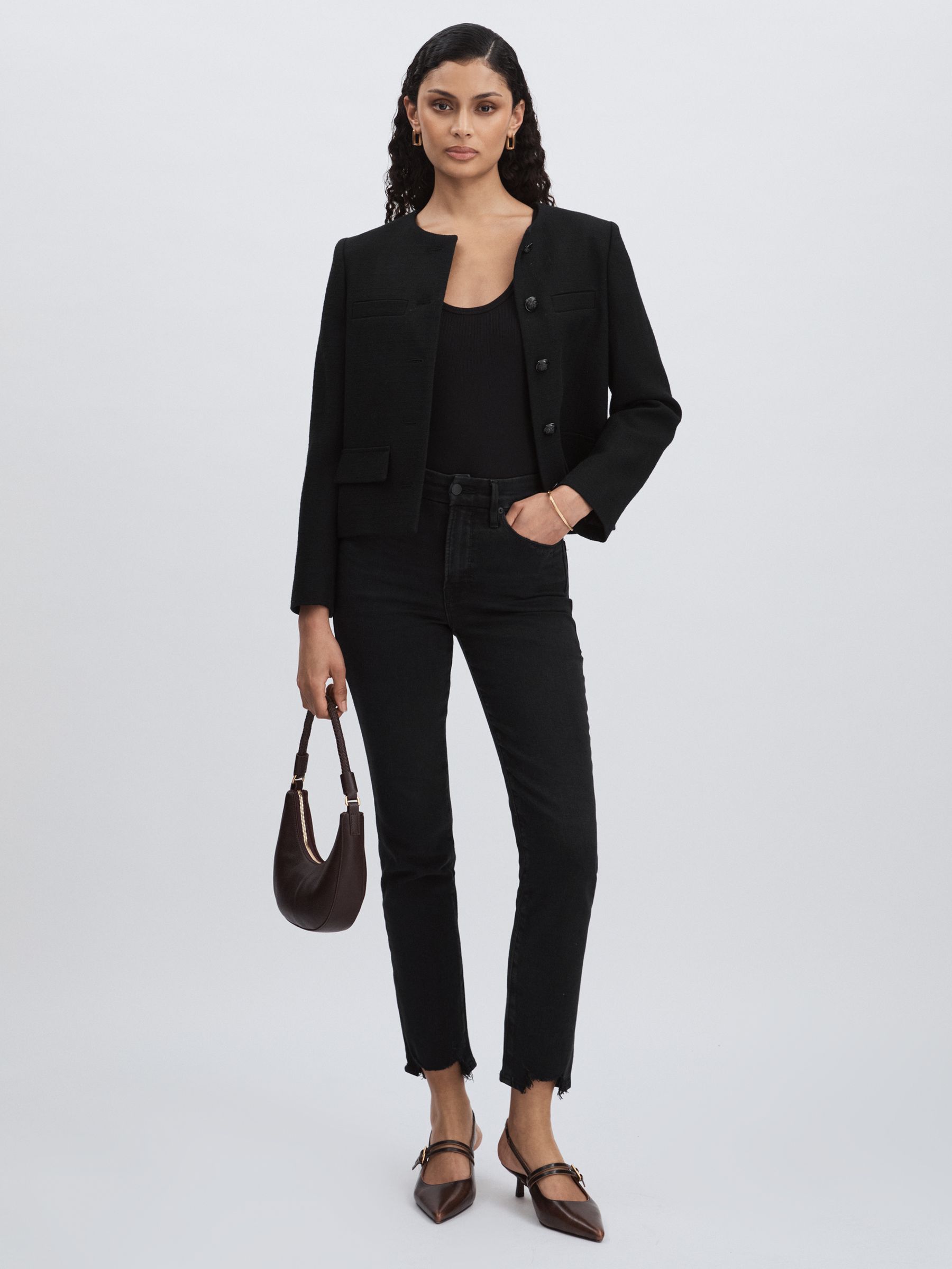 Distressed-Hem Cropped Jeans in Black - Image 1 of 6