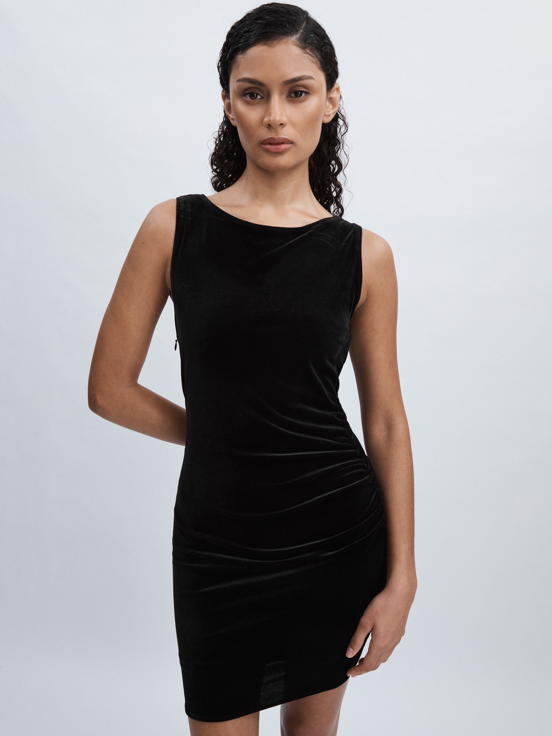 Velvet Ruched Mini Dress in Black - Image 1 of 5
