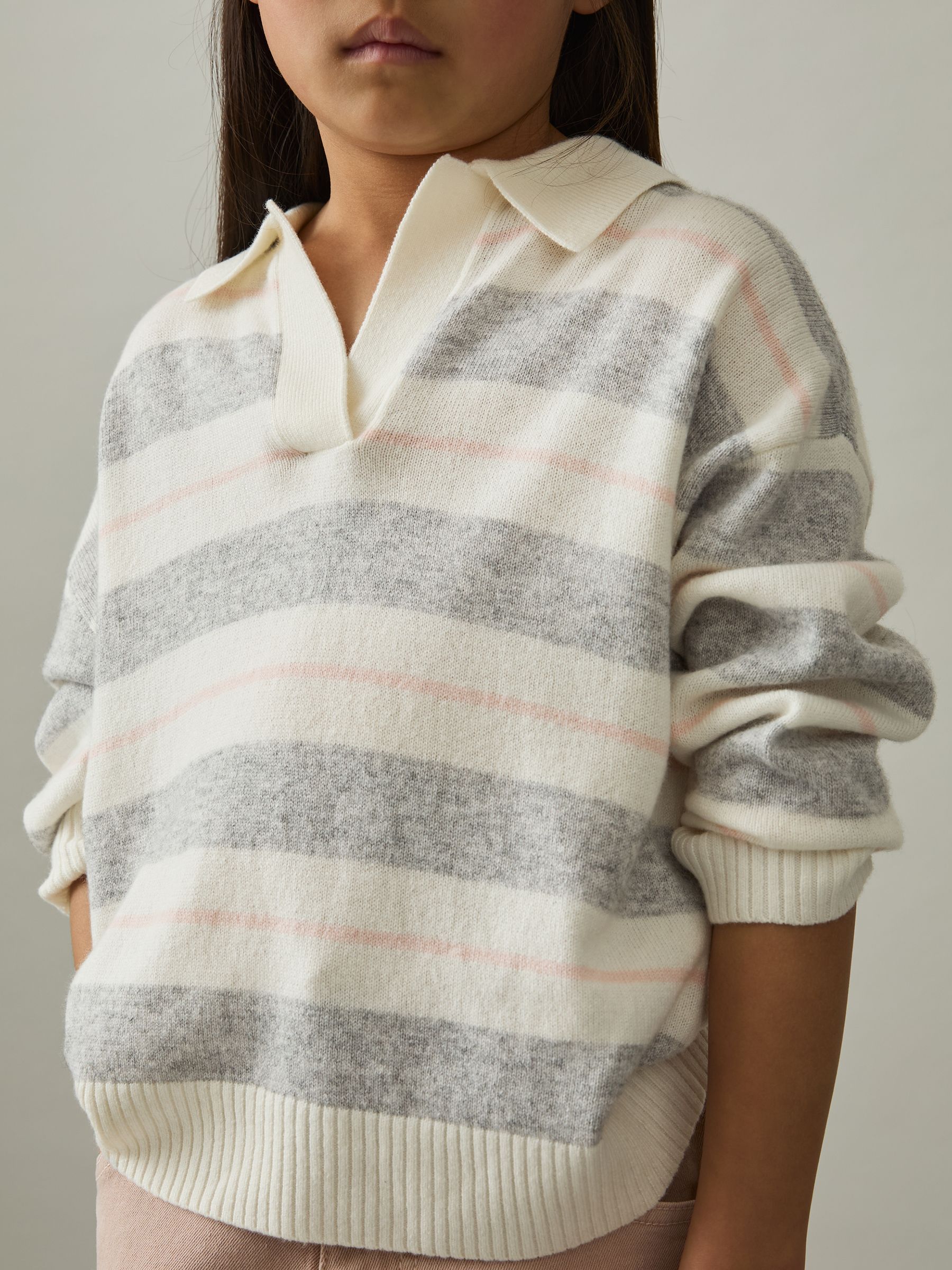 13-14 yrs Wool-Blend Striped Collared Jumper With Cashmere in Grey - Image 3 of 4