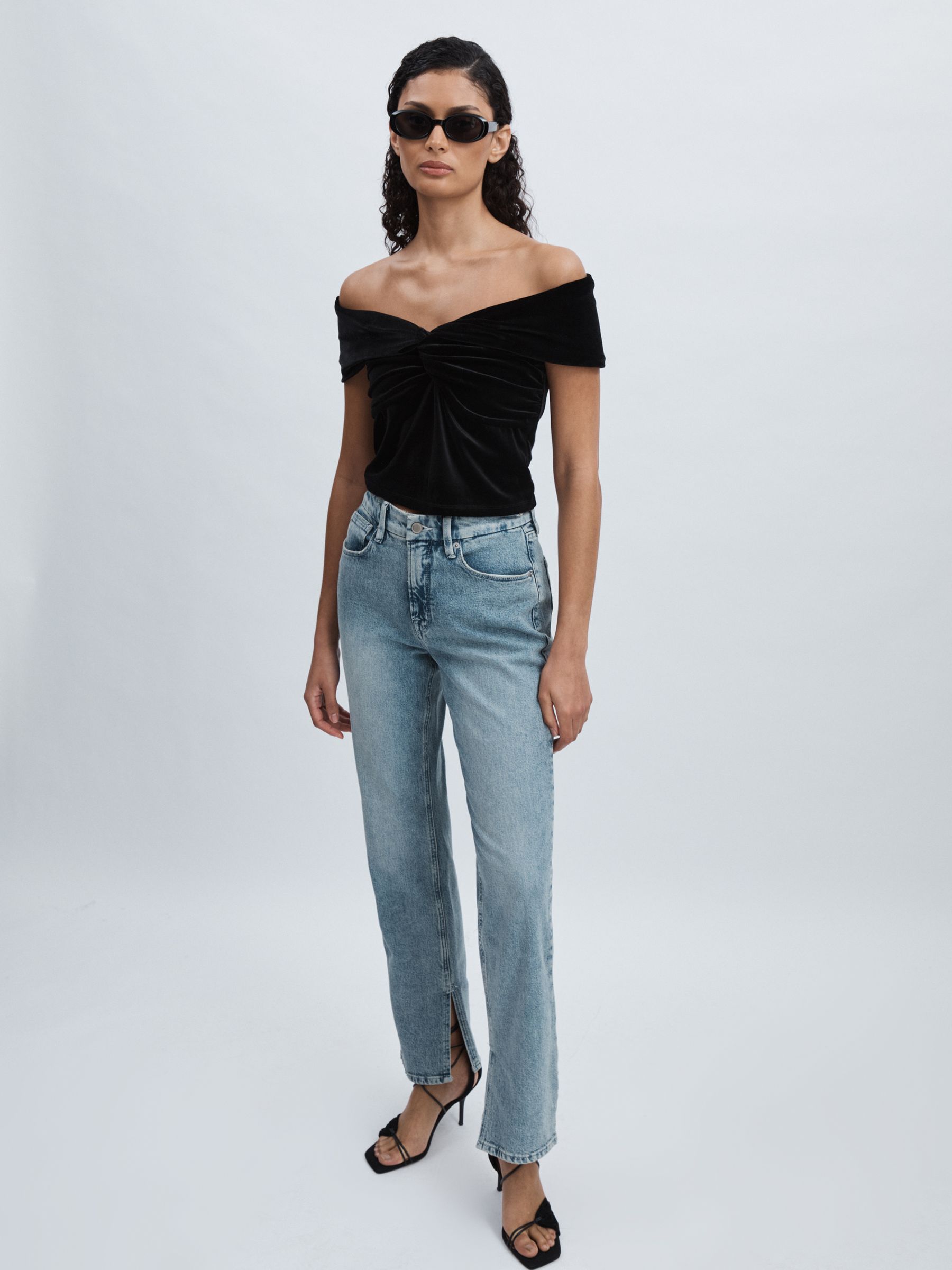 Off-Shoulder Velvet Top in Black - Image 1 of 5