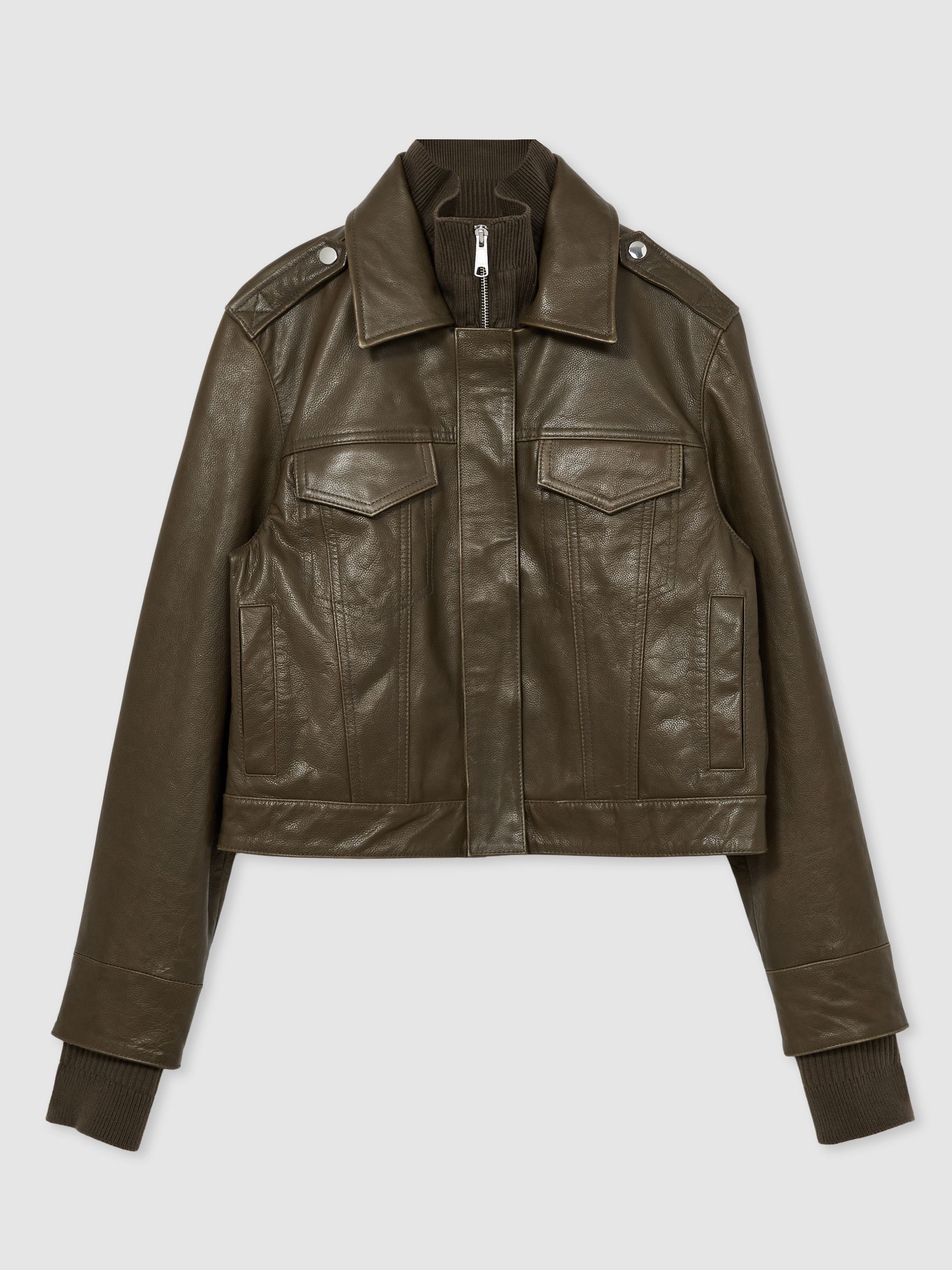 Paige Leather Cropped Bomber Jacket in Moss Green - Image 2 of 6