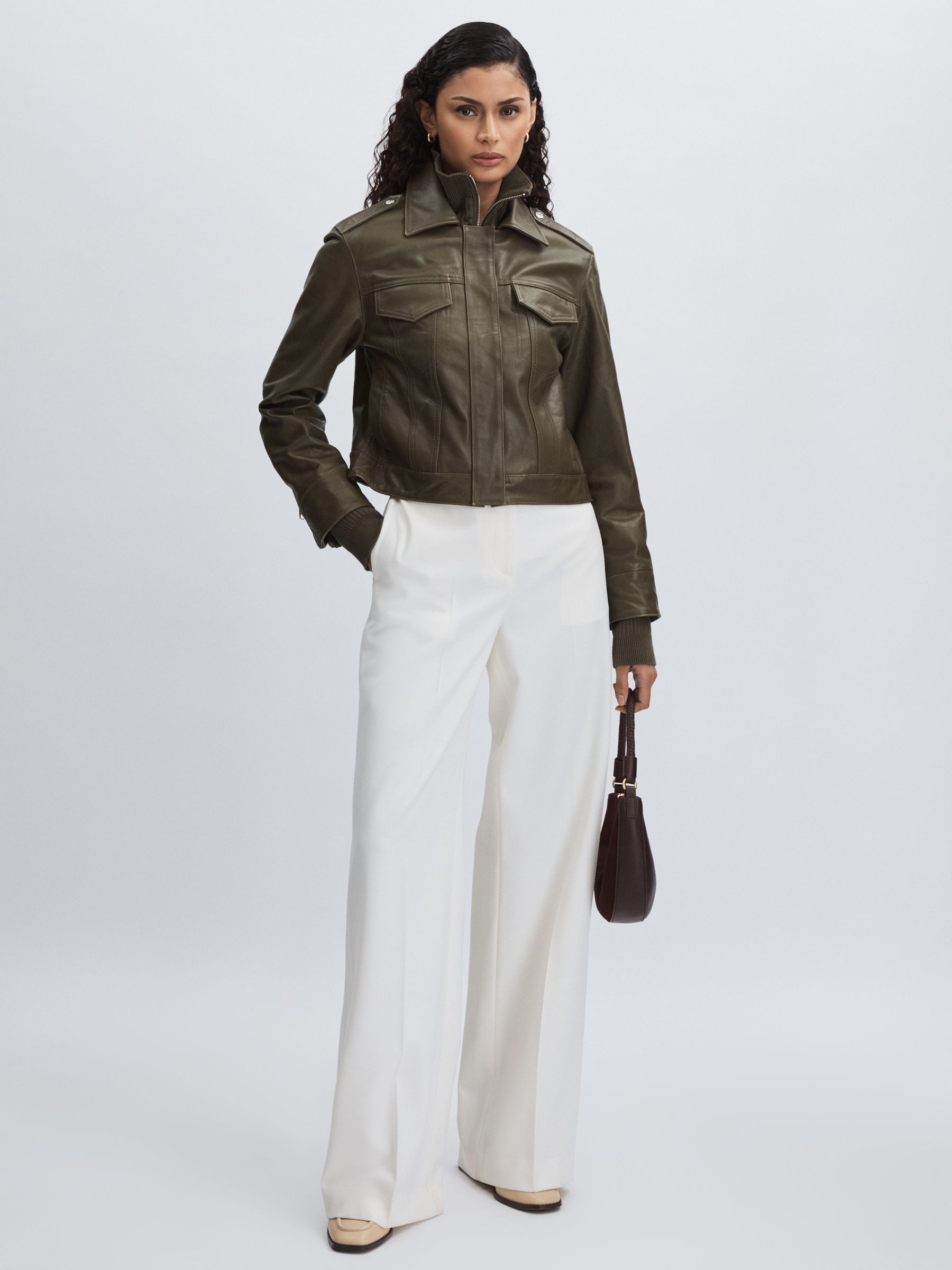 Paige Leather Cropped Bomber Jacket in Moss Green - Image 3 of 6