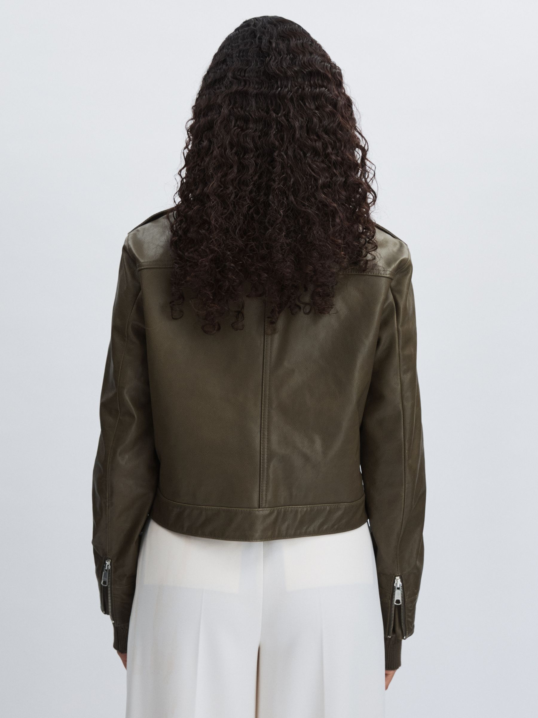 Paige Leather Cropped Bomber Jacket in Moss Green - Image 5 of 6