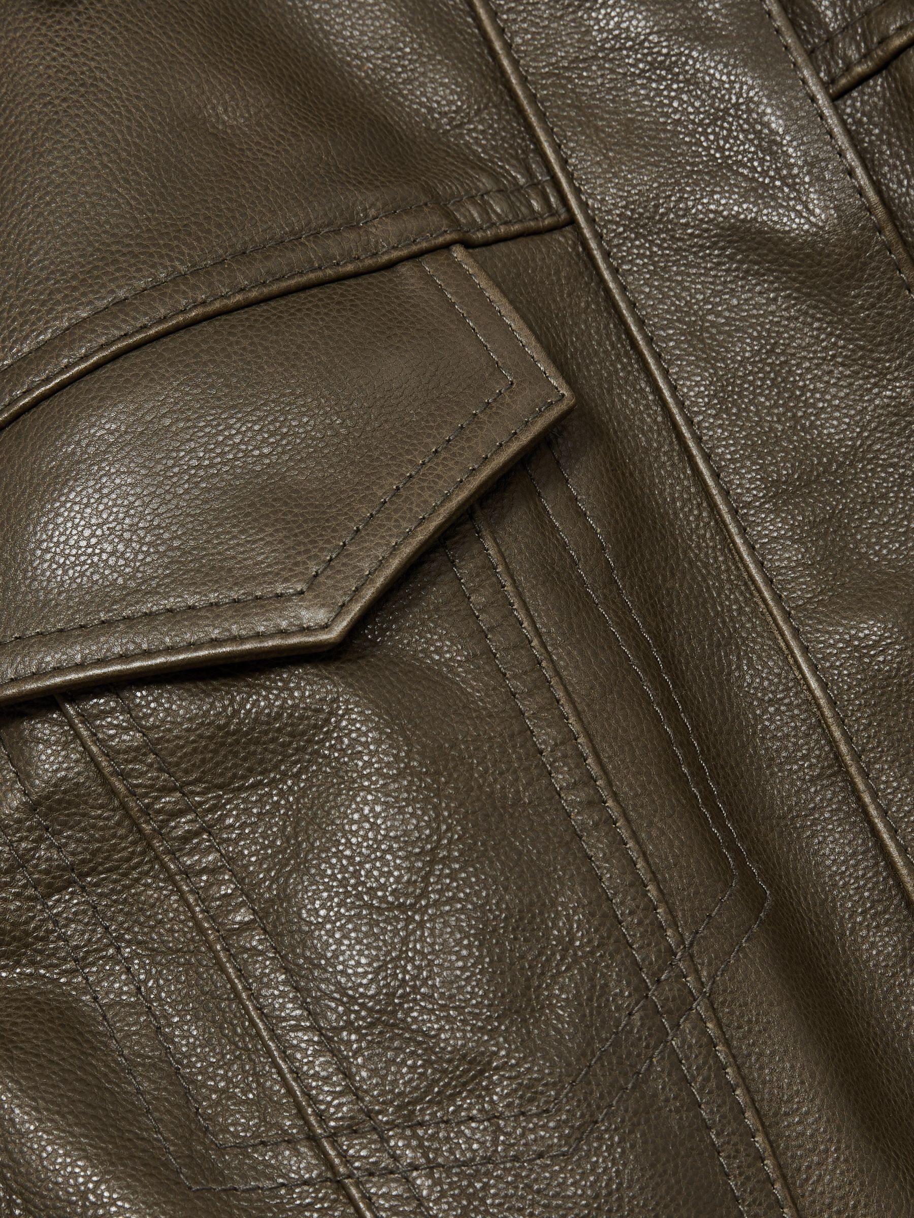 Reiss Leather Cropped Bomber Jacket in Moss Green | REISS