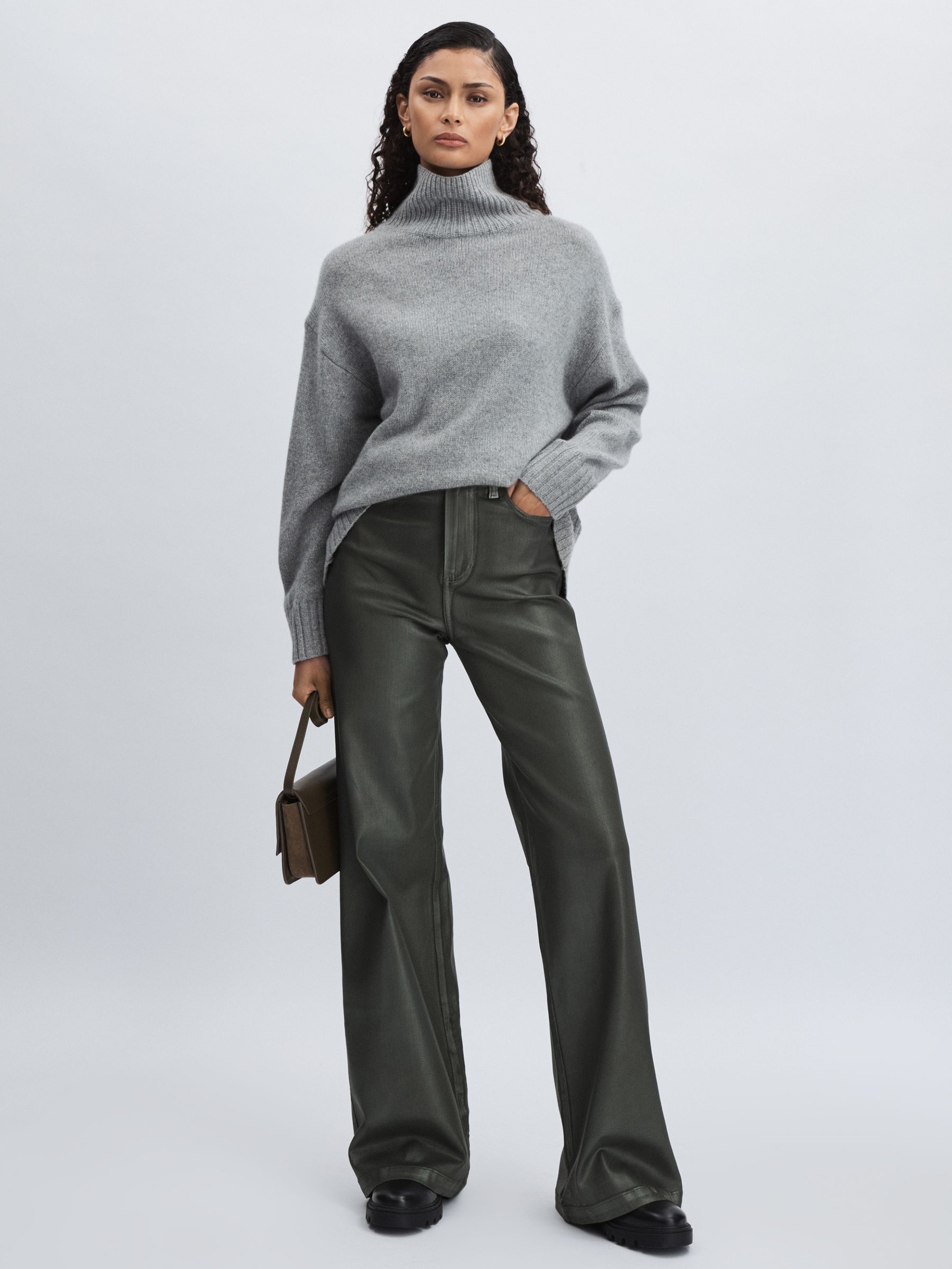Paige Leather-Look Wide-Leg Jeans in Dark Green - Image 1 of 7