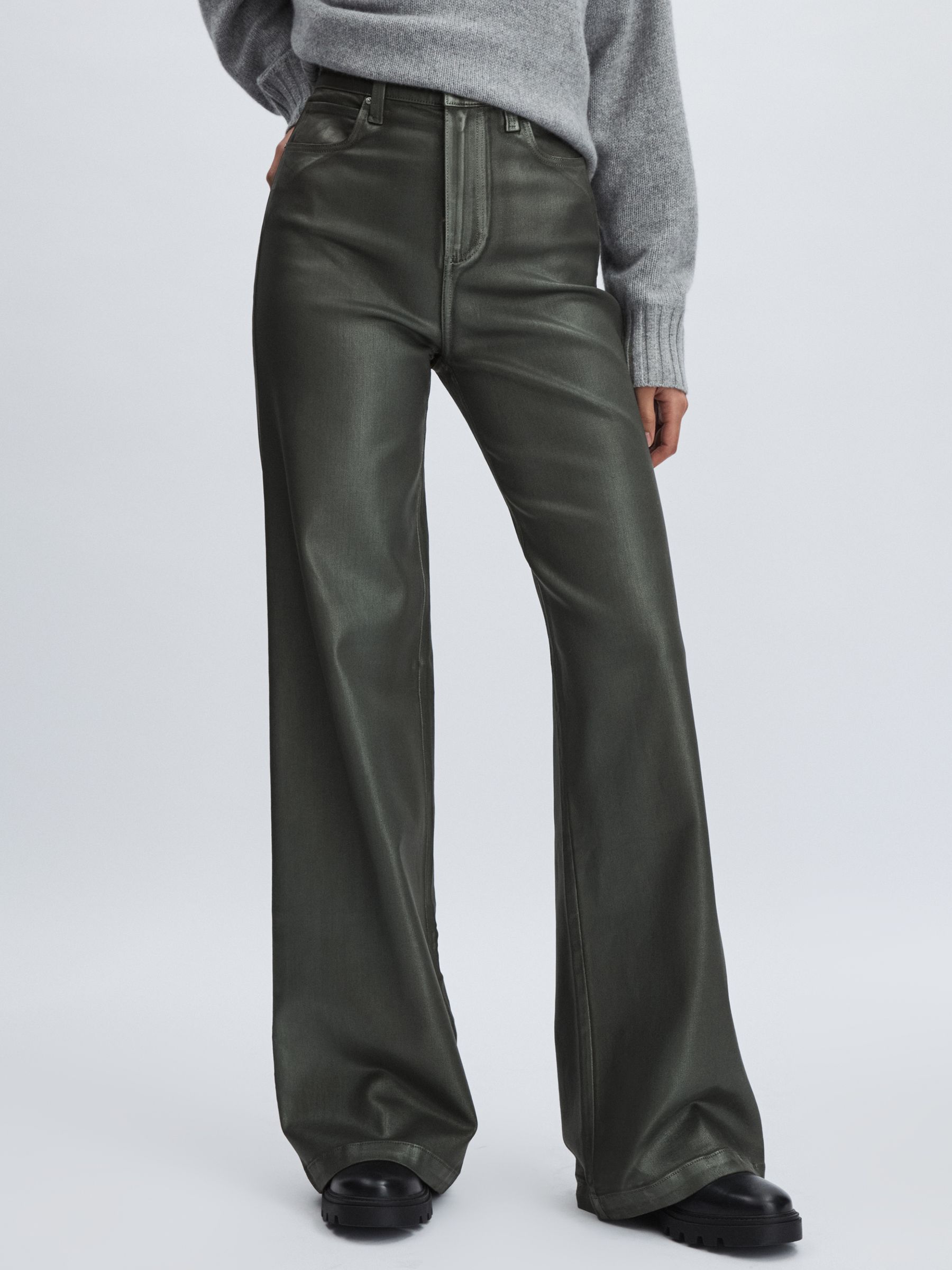 Paige Leather-Look Wide-Leg Jeans in Dark Green - Image 3 of 7