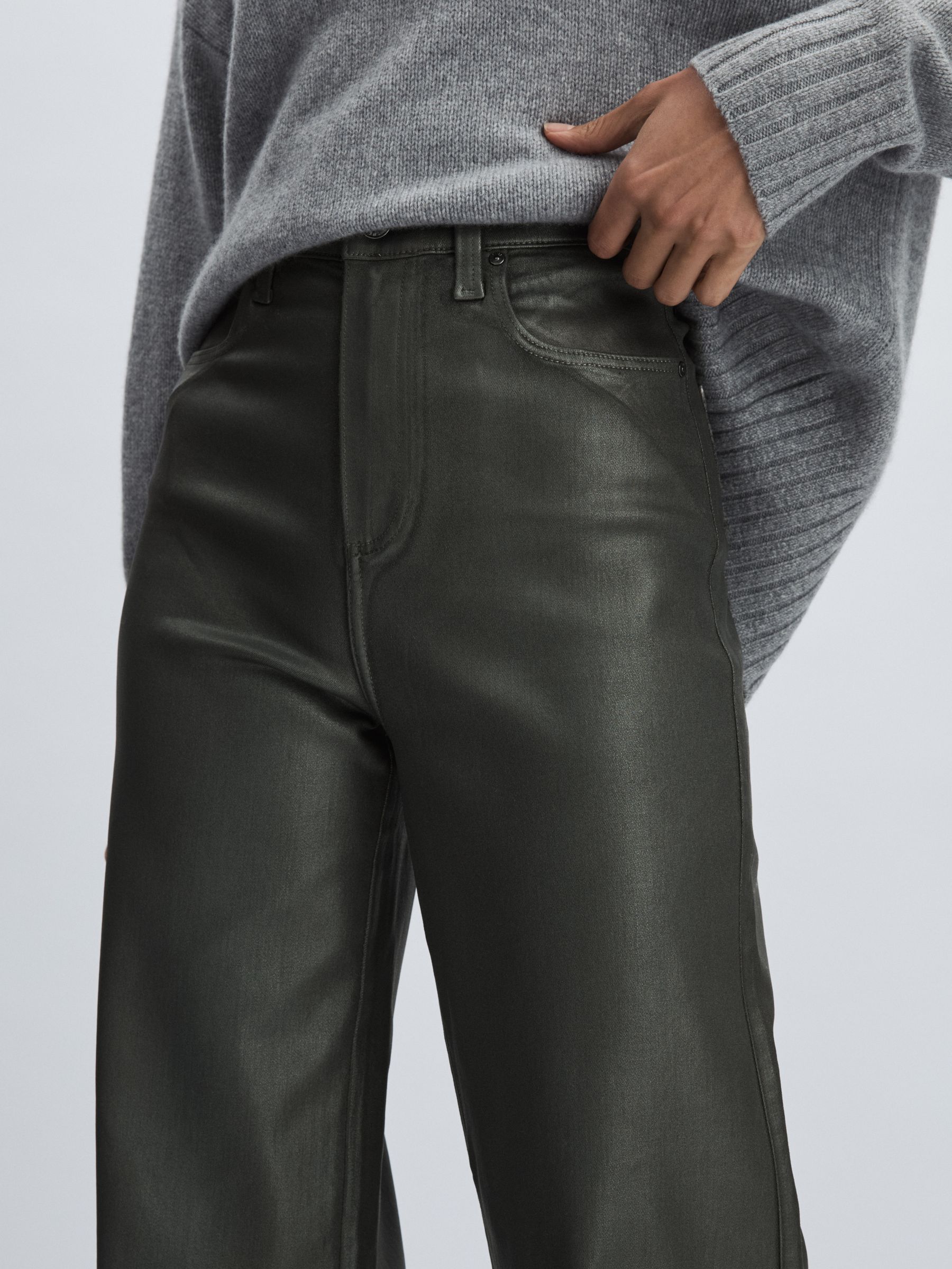 Paige Leather-Look Wide-Leg Jeans in Dark Green - Image 4 of 7