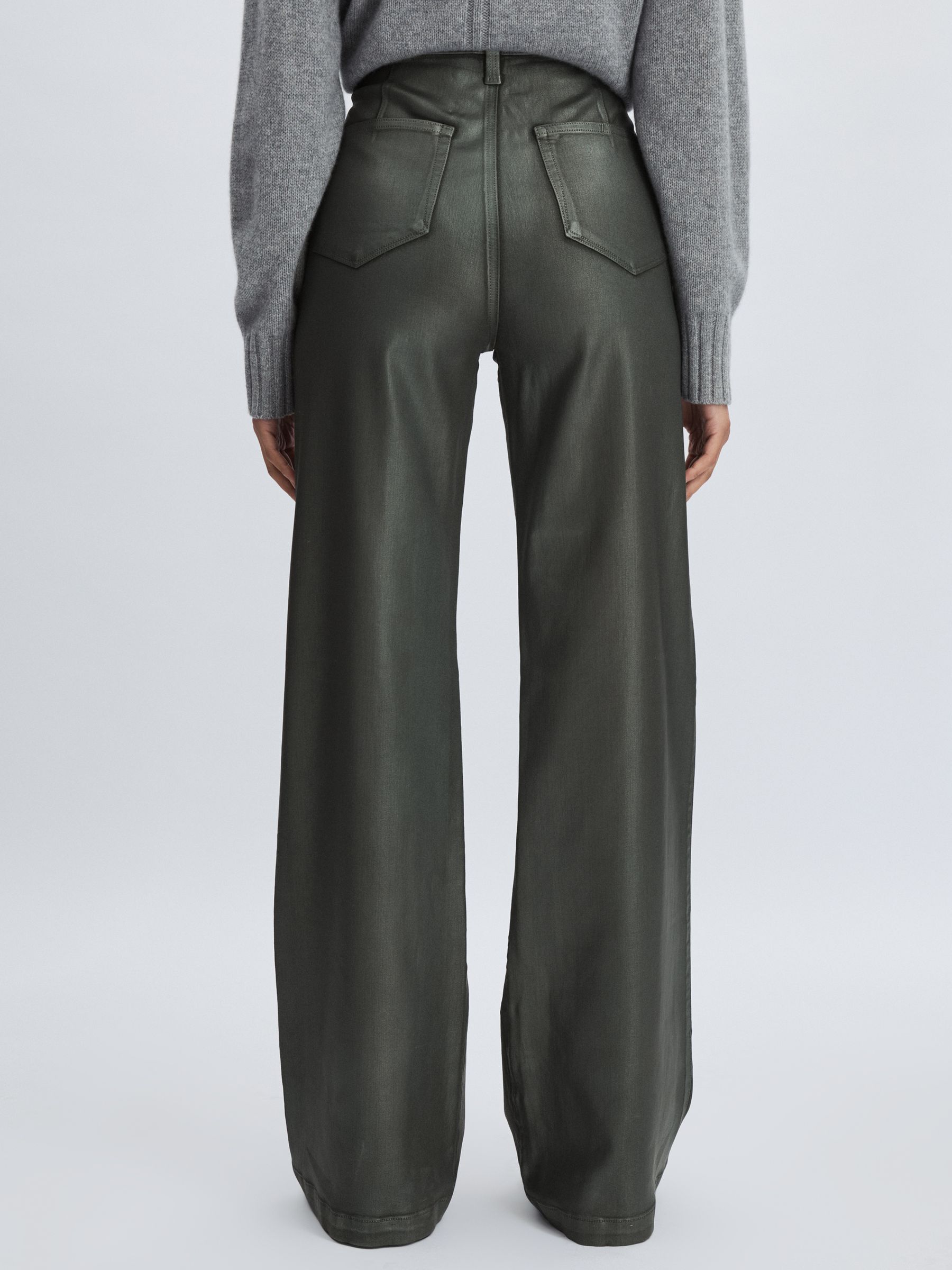 Paige Leather-Look Wide-Leg Jeans in Dark Green - Image 5 of 7