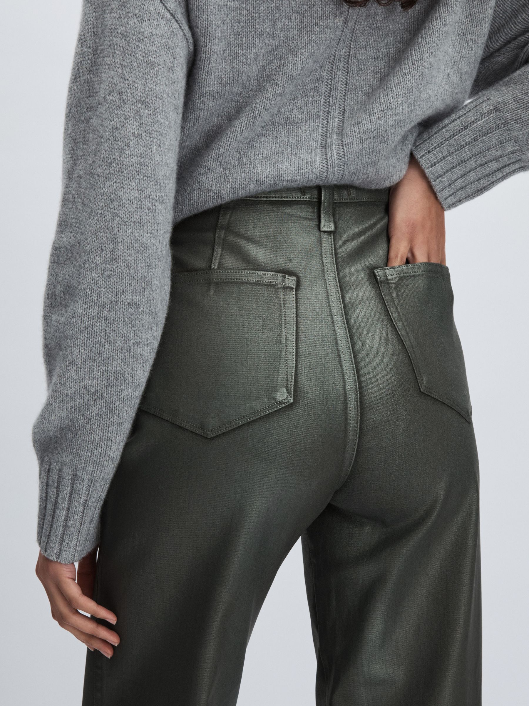 Paige Leather-Look Wide-Leg Jeans in Dark Green - Image 6 of 7
