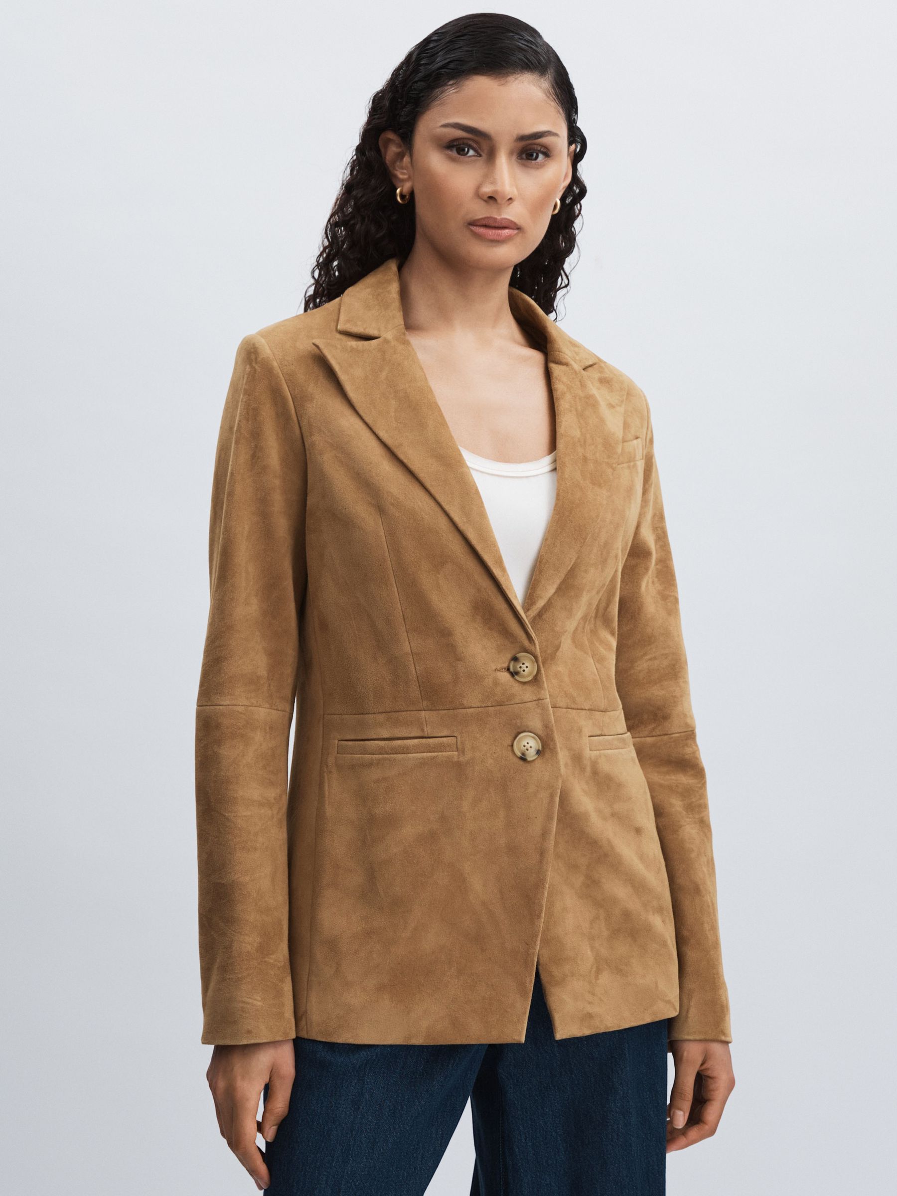 Paige Suede Single-Breasted Blazer in Tan - Image 1 of 6