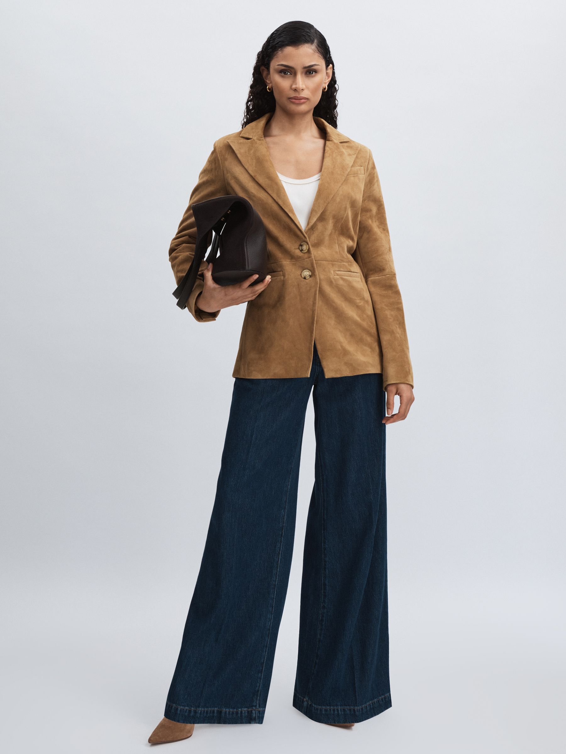 Paige Suede Single-Breasted Blazer in Tan - Image 3 of 6