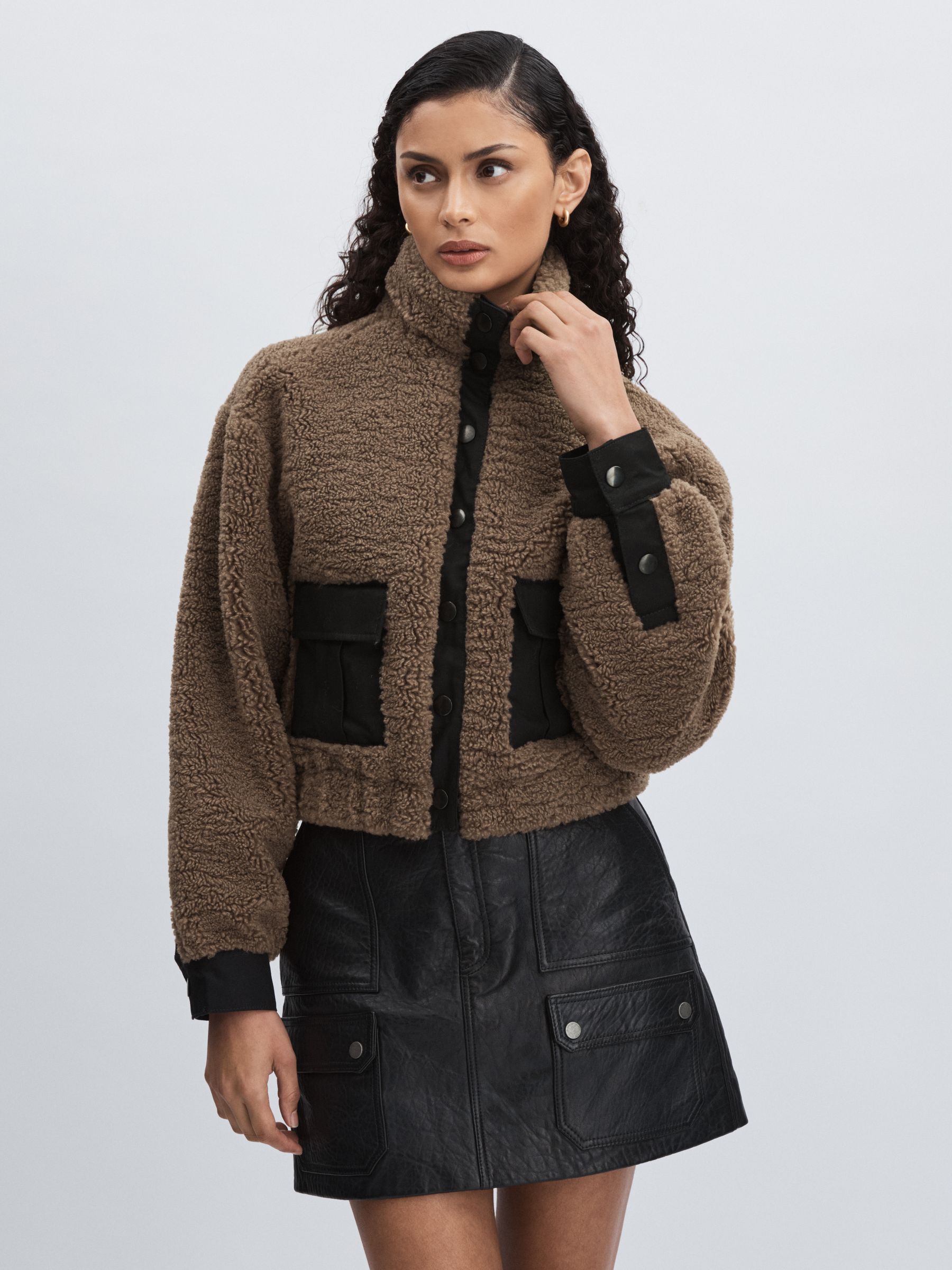 Paige Faux-Shearling Press Stud Jacket in Cocoa - Image 1 of 6