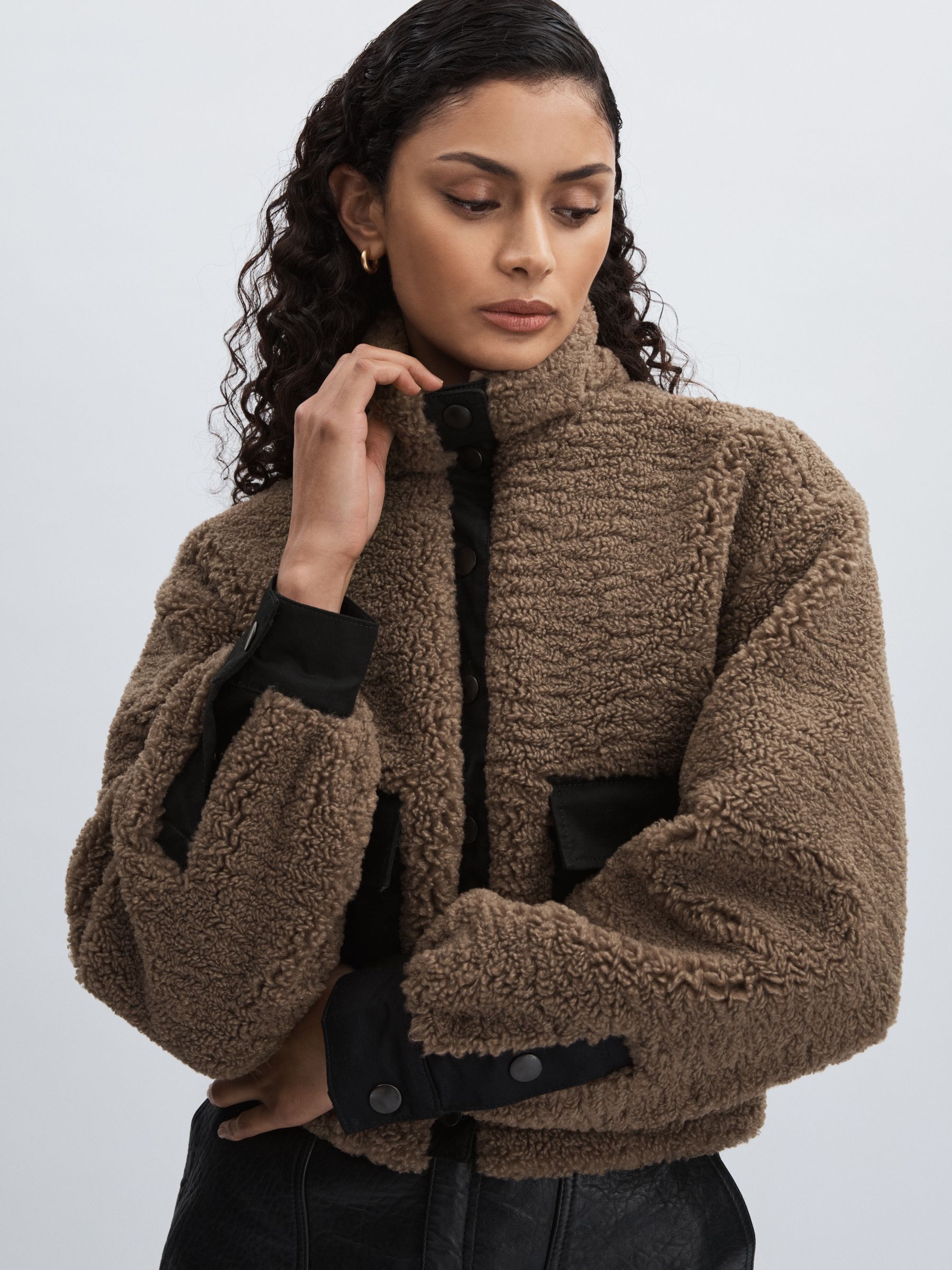 Paige Faux-Shearling Press Stud Jacket in Cocoa - Image 4 of 6