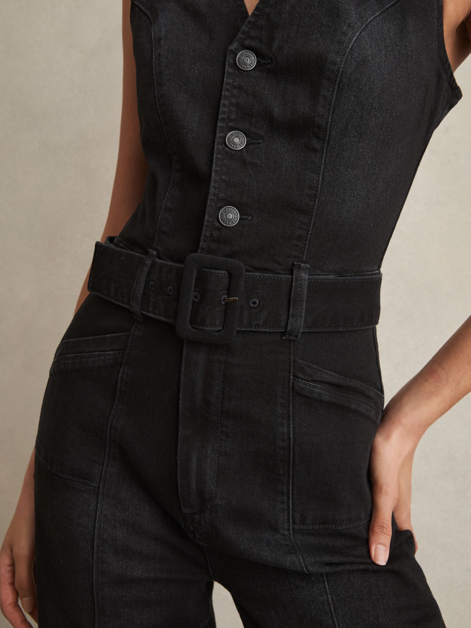 Paige Sleeveless Denim Jumpsuit in Washed Black - Image 4 of 7