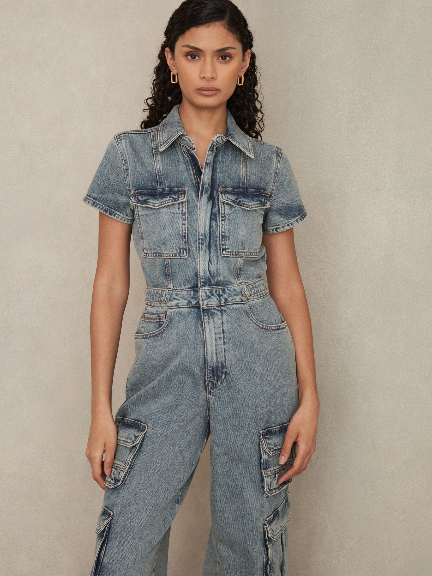 Denim Cargo Jumpsuit in Indigo - Image 3 of 6