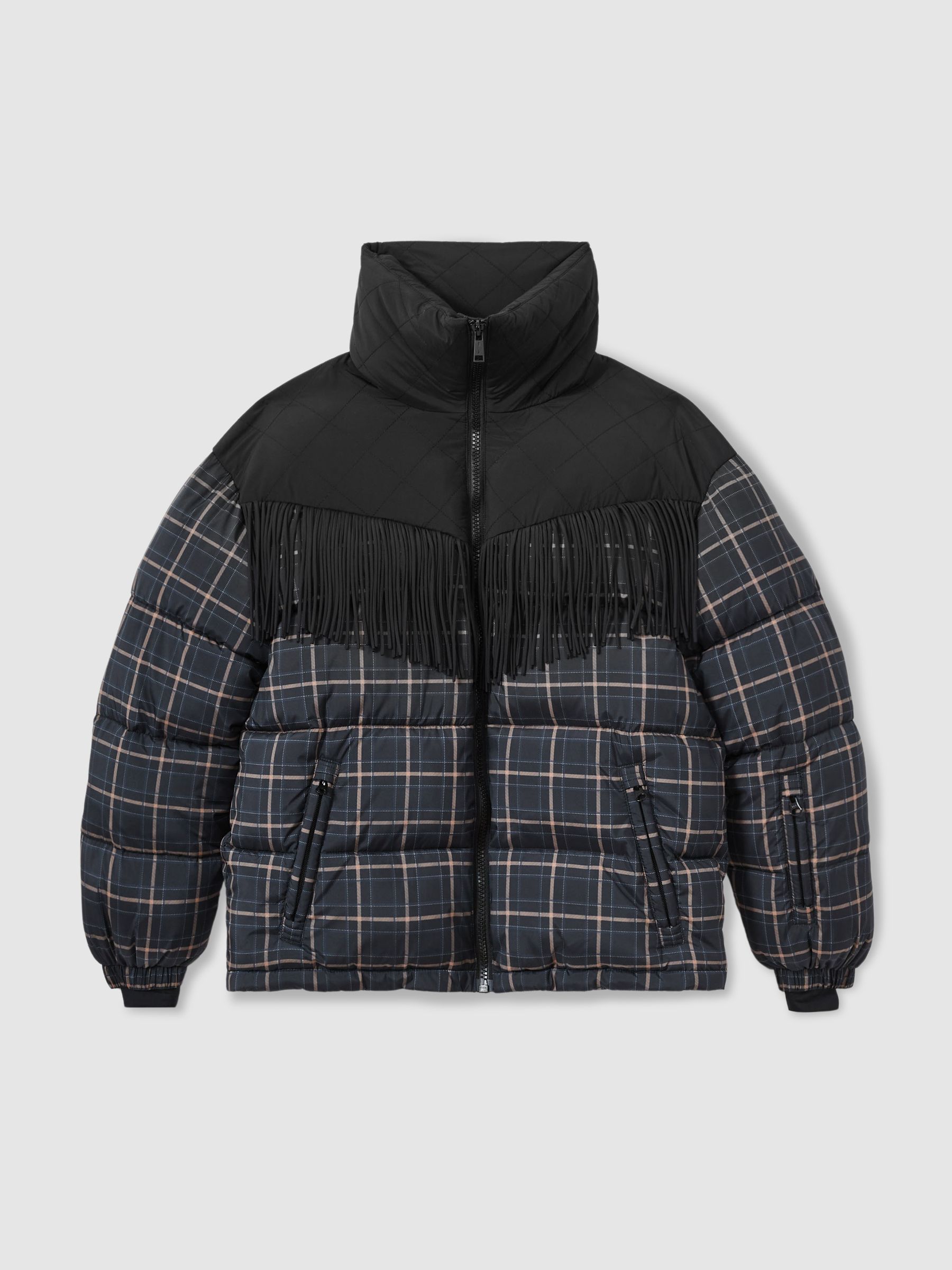 The Upside Fringed Check Puffer Coat in Black Check - Image 2 of 7