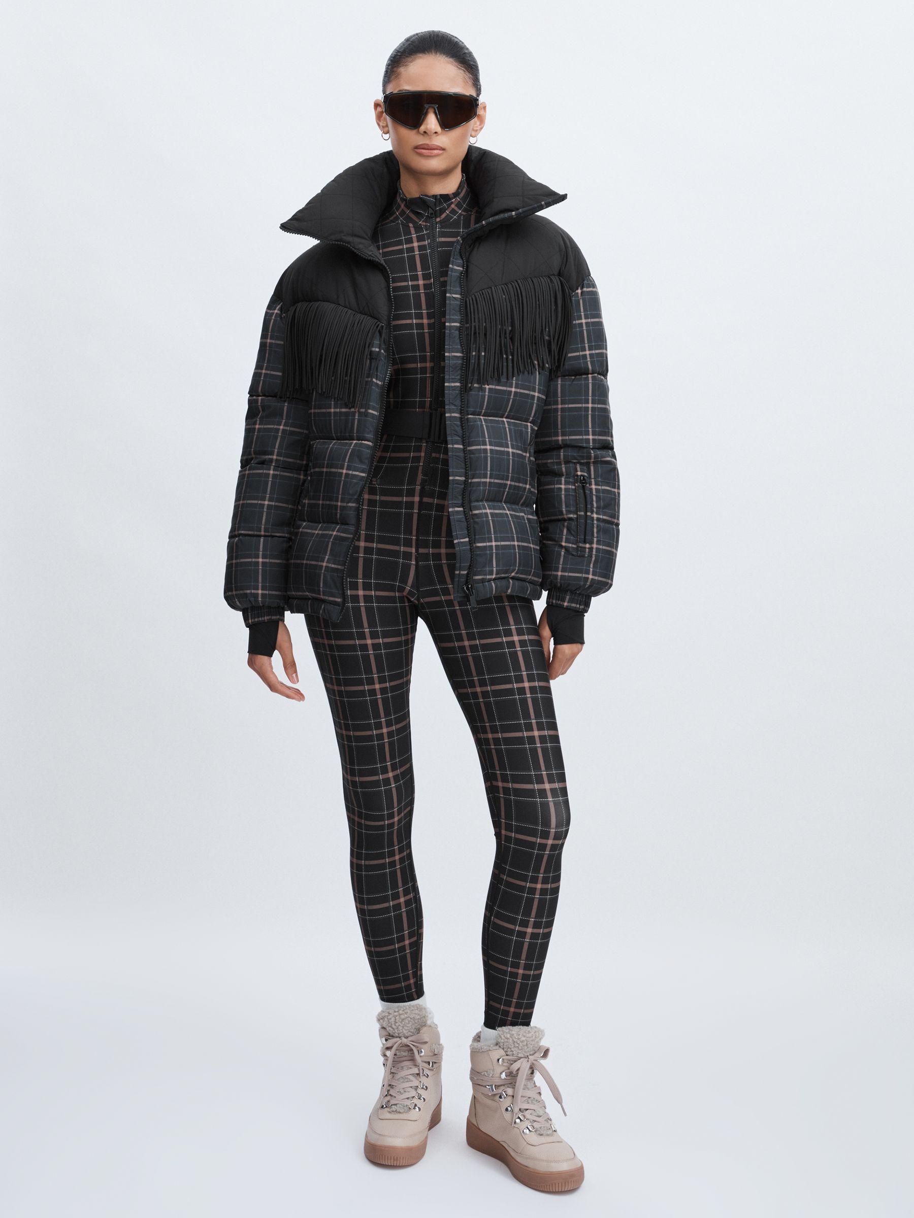 The Upside Fringed Check Puffer Coat in Black Check - Image 3 of 7