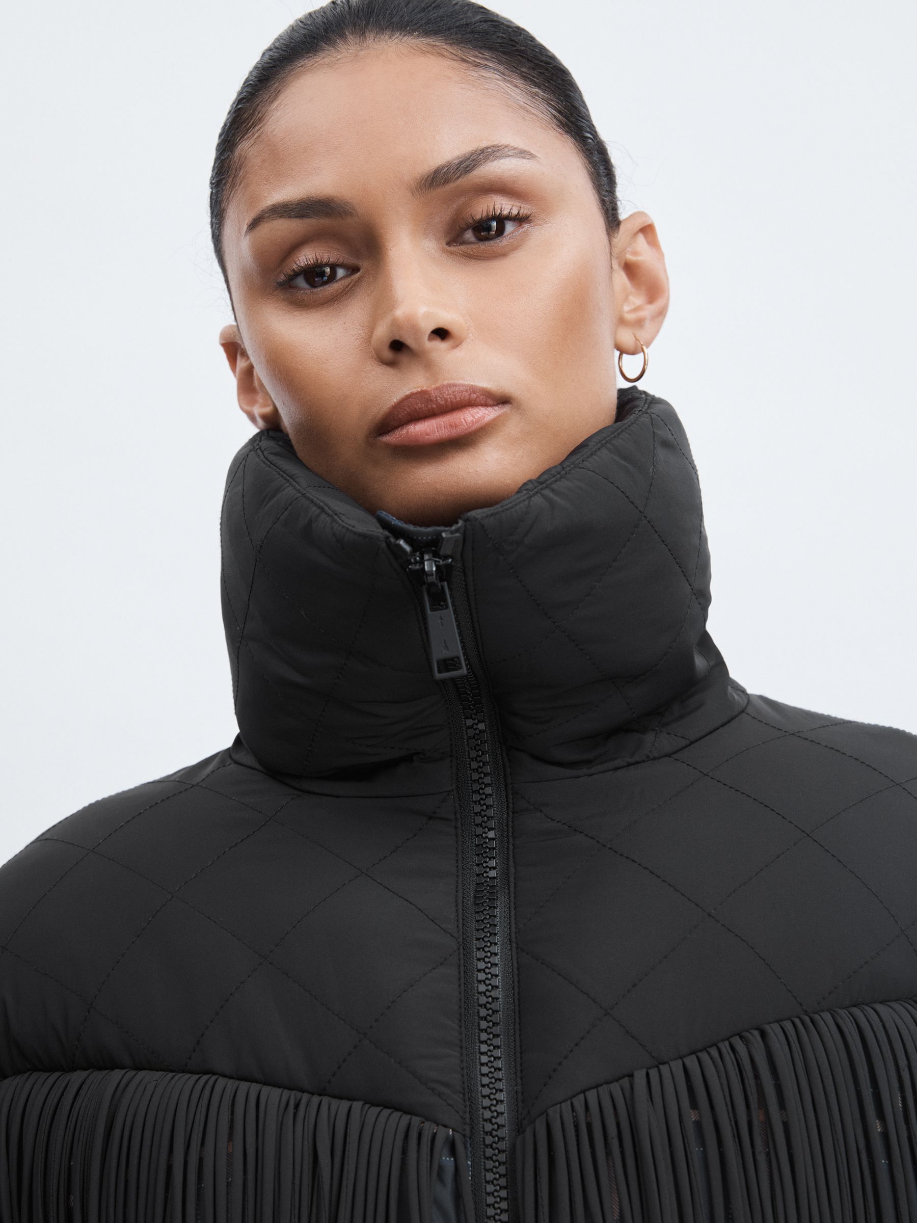 Reiss The Upside Fringed Check Puffer Coat in Black Check | REISS