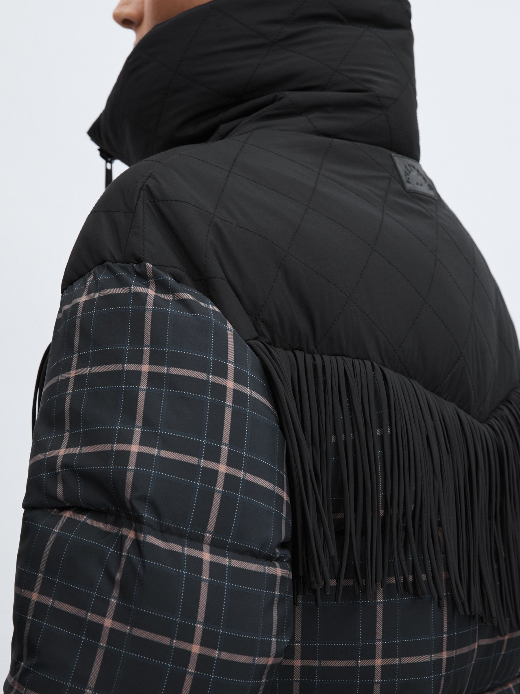 The Upside Fringed Check Puffer Coat in Black Check - Image 5 of 7