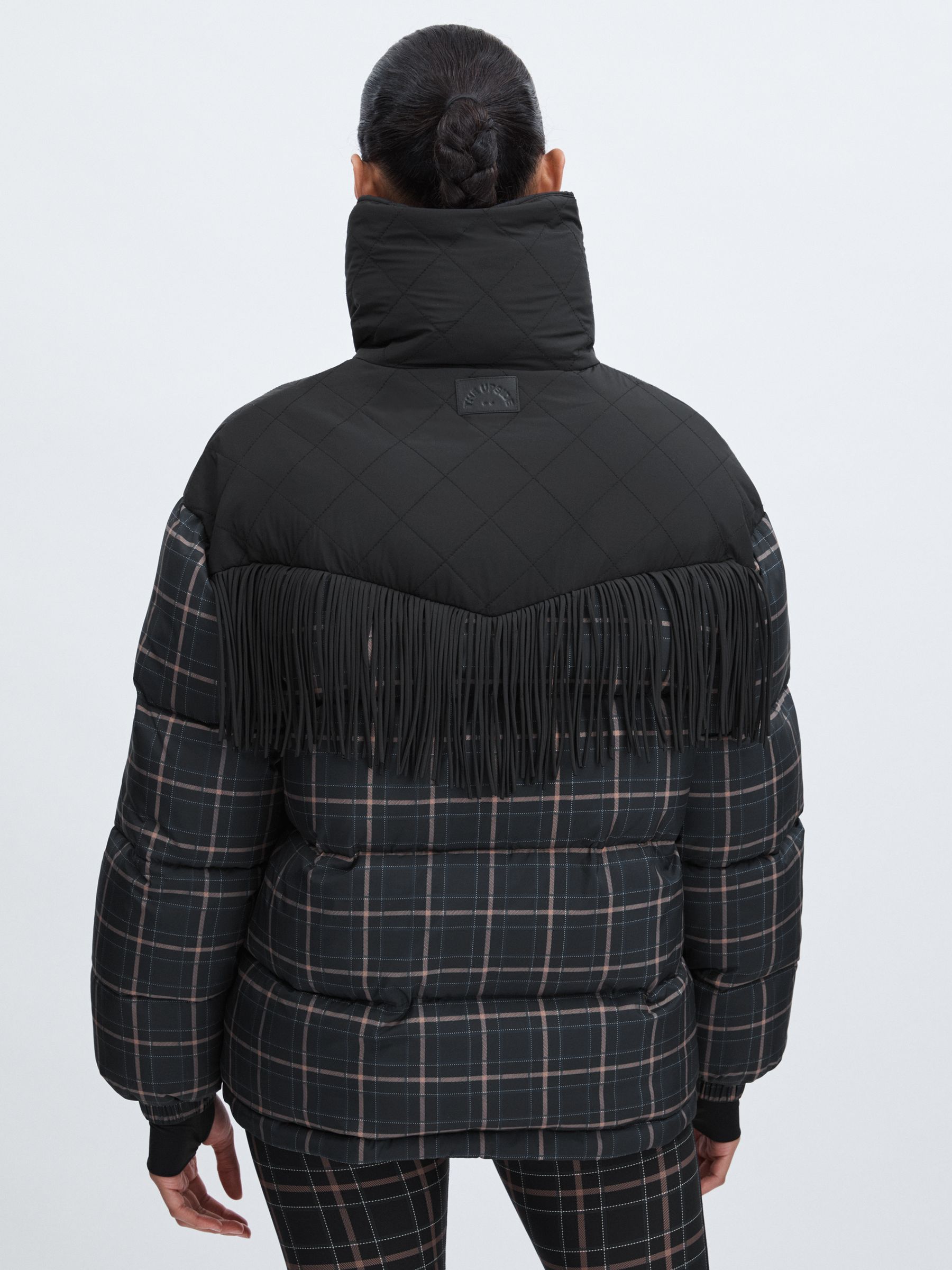 The Upside Fringed Check Puffer Coat in Black Check - Image 6 of 7