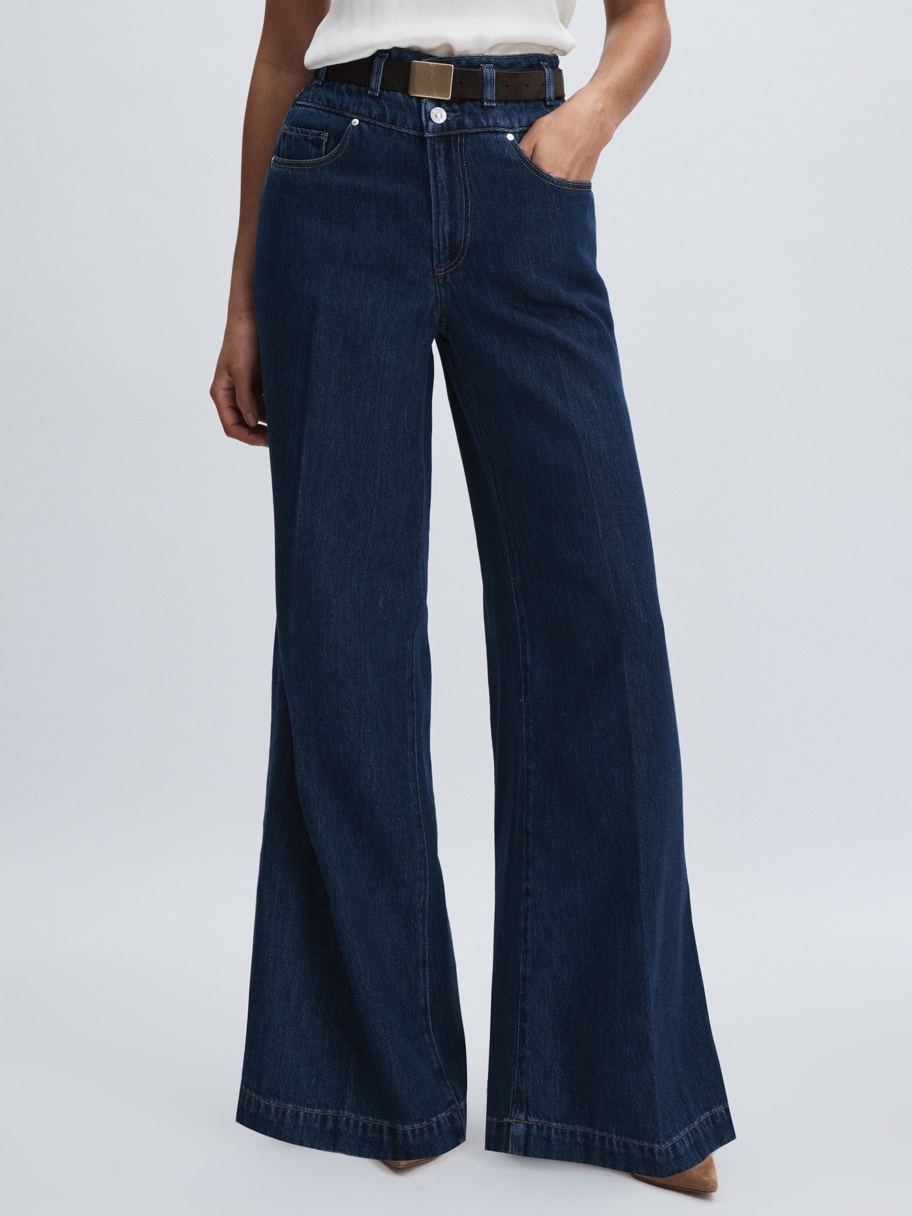Paige Double Waistband Wide-Leg Jeans in Navy Blue - Image 3 of 6