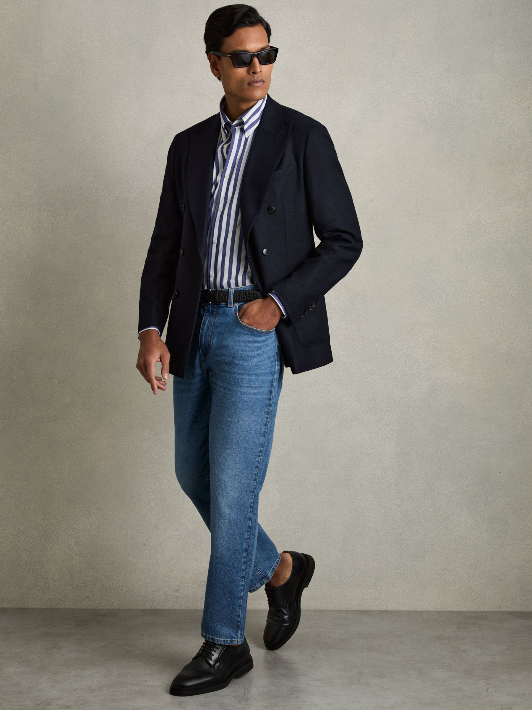 Striped Jersey Button-Down Shirt With Cotton in Blue Stripe - Image 3 of 7