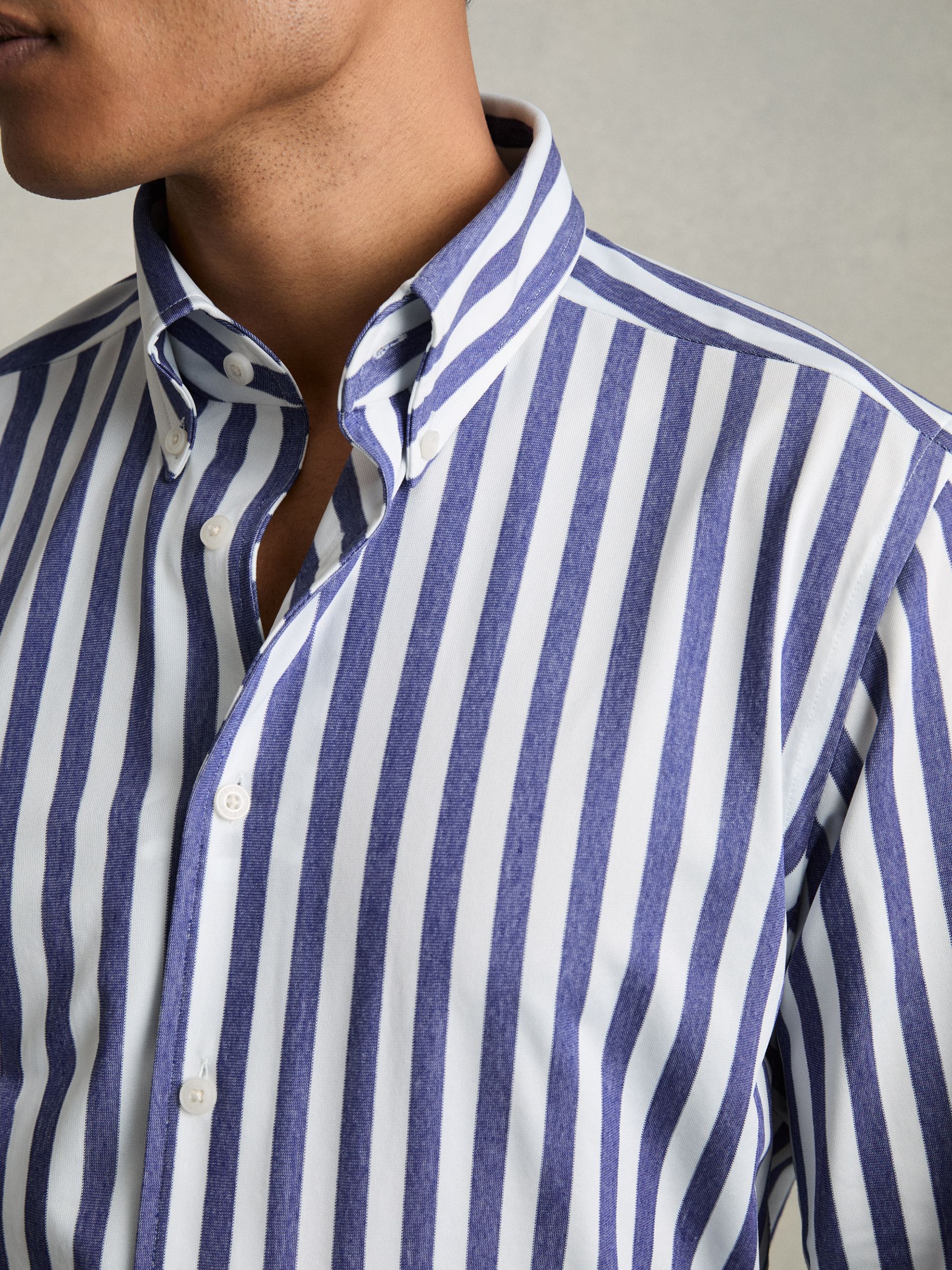 Striped Jersey Button-Down Shirt With Cotton in Blue Stripe - Image 5 of 7