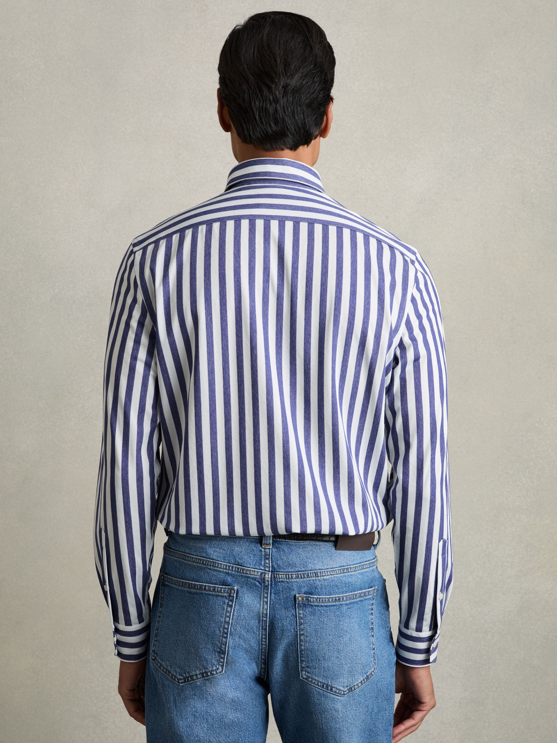 Striped Jersey Button-Down Shirt With Cotton in Blue Stripe - Image 6 of 7