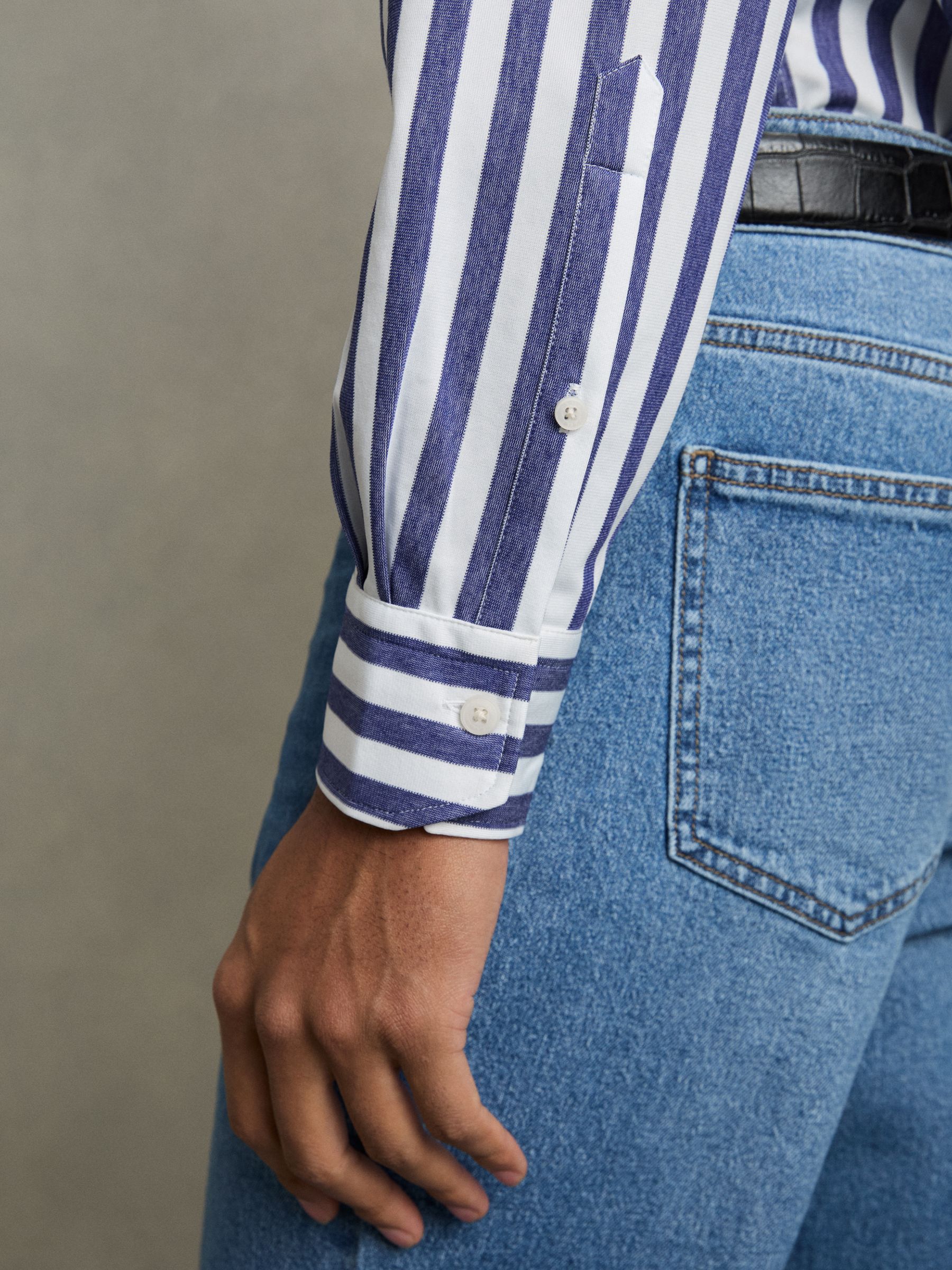 Striped Jersey Button-Down Shirt With Cotton in Blue Stripe - Image 7 of 7